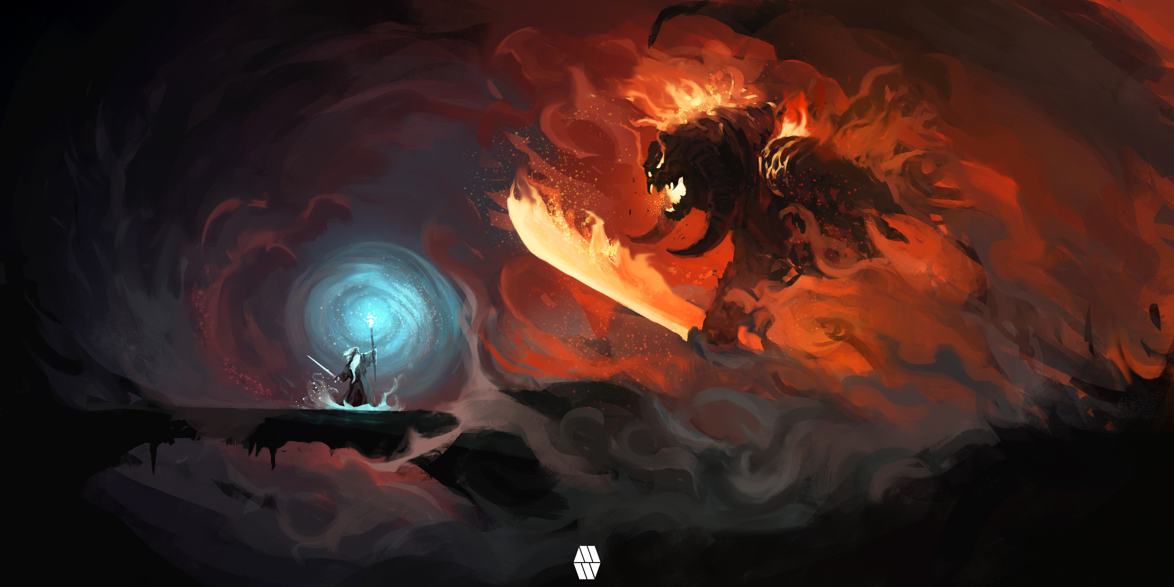 General 3840x1920 Marcus Whinney digital art The Lord of the Rings fan art Gandalf fighting Balrog creature fantasy art movie characters wizard movies watermarked