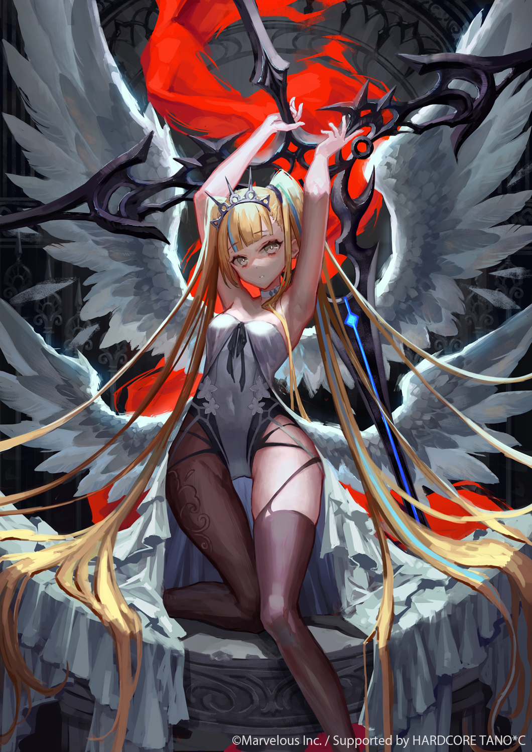 Anime 1060x1500 looking at viewer legs arms up wings long hair standing torn pantyhose blonde anime girls Mai Okuma