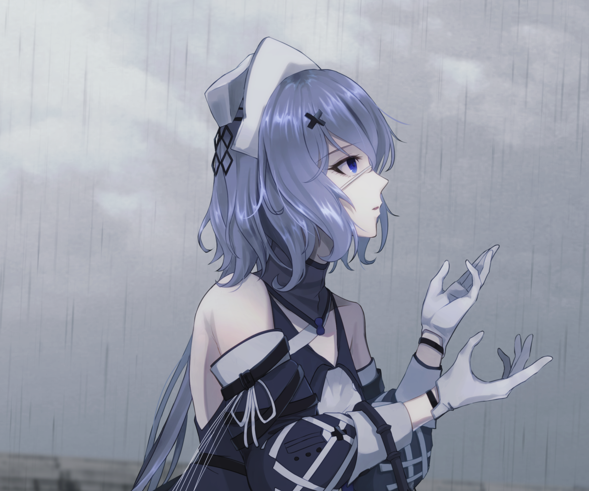 Anime 1920x1600 anime girls women anime Arknights blue eyes shoulder length hair looking up gloves hat women with hats face profile Whisperain (Arknights) blue hair