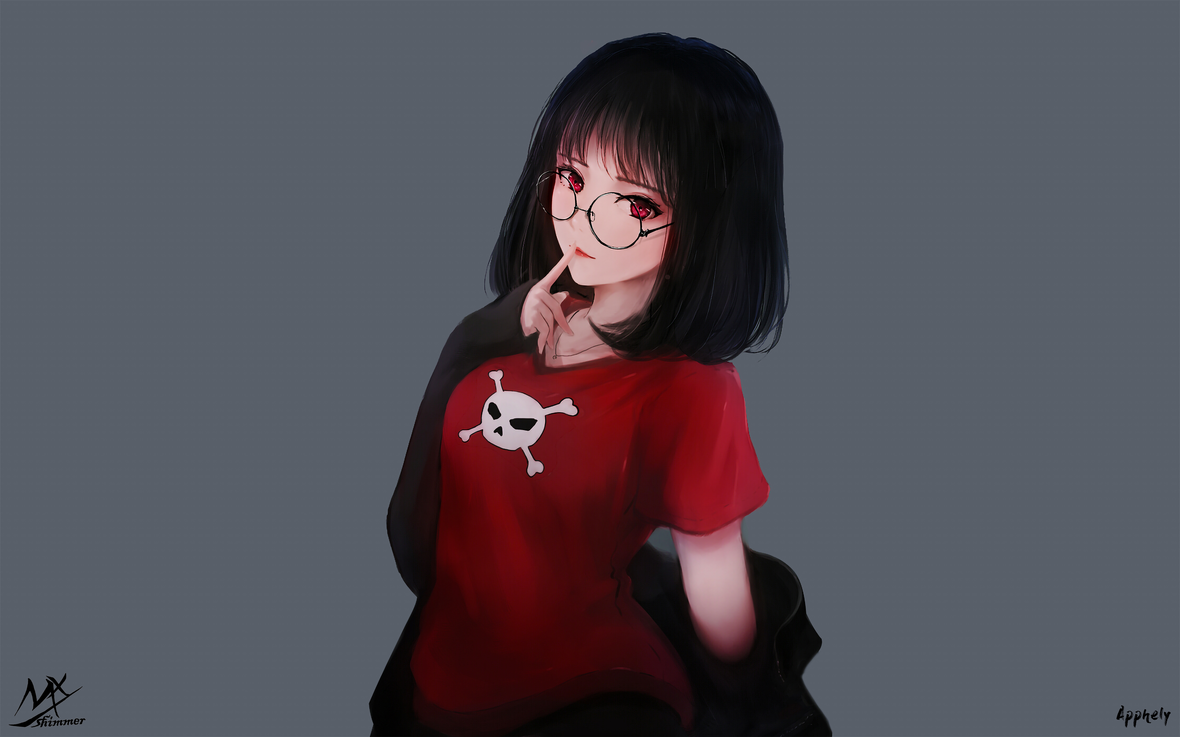 Anime 4000x2500 MX shimmer anime girls glasses thinking skull skull and bones red eyes T-shirt