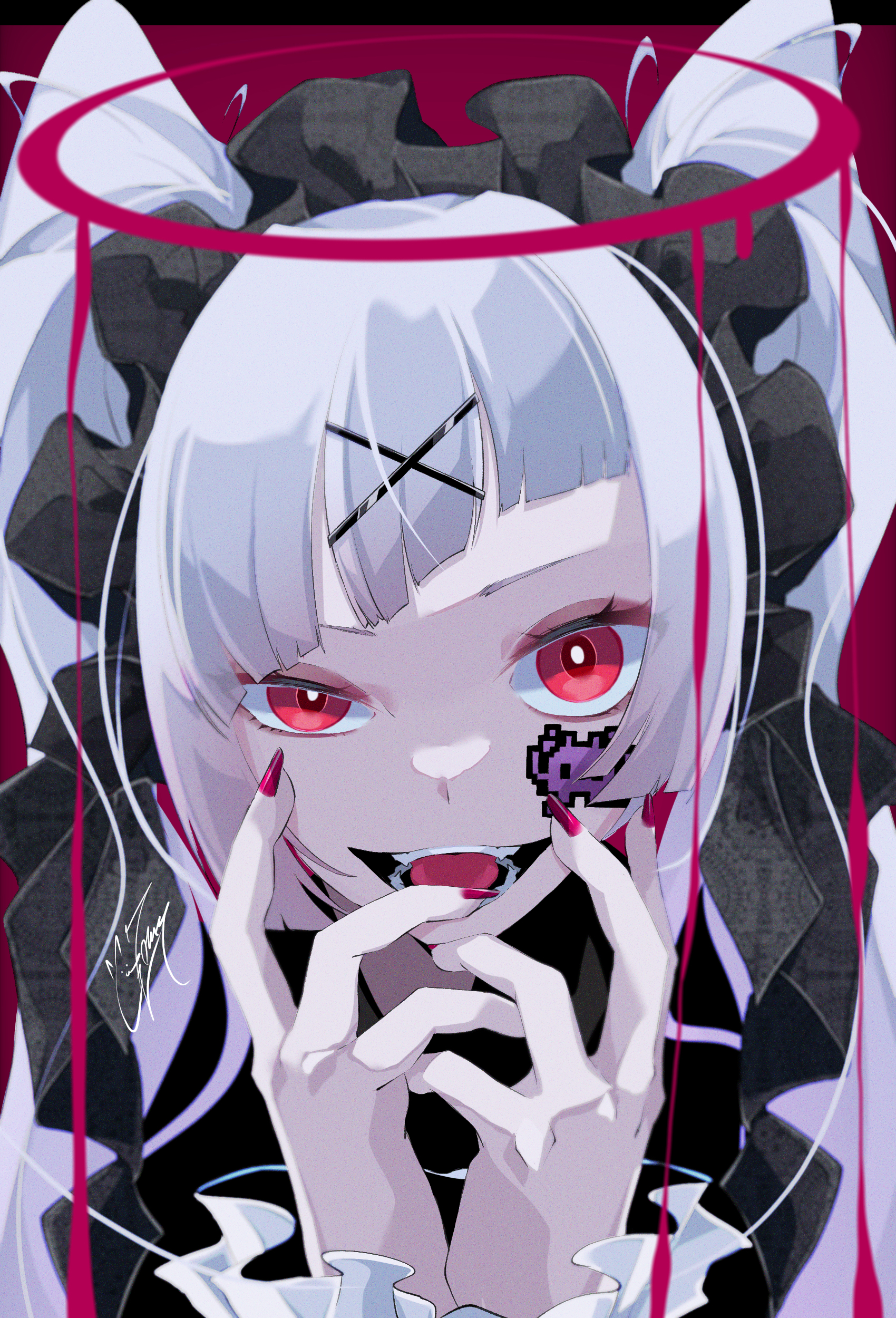Anime 1700x2500 anime girls anime face closeup open mouth looking at viewer painted nails red nails red eyes hands