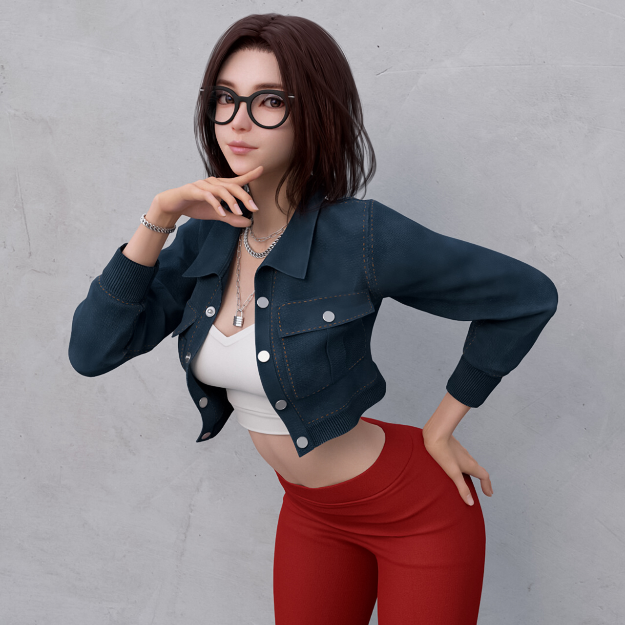 General 1280x1280 Shin JeongHo CGI women brunette glasses jacket red clothing pants open clothes jewelry silver simple background