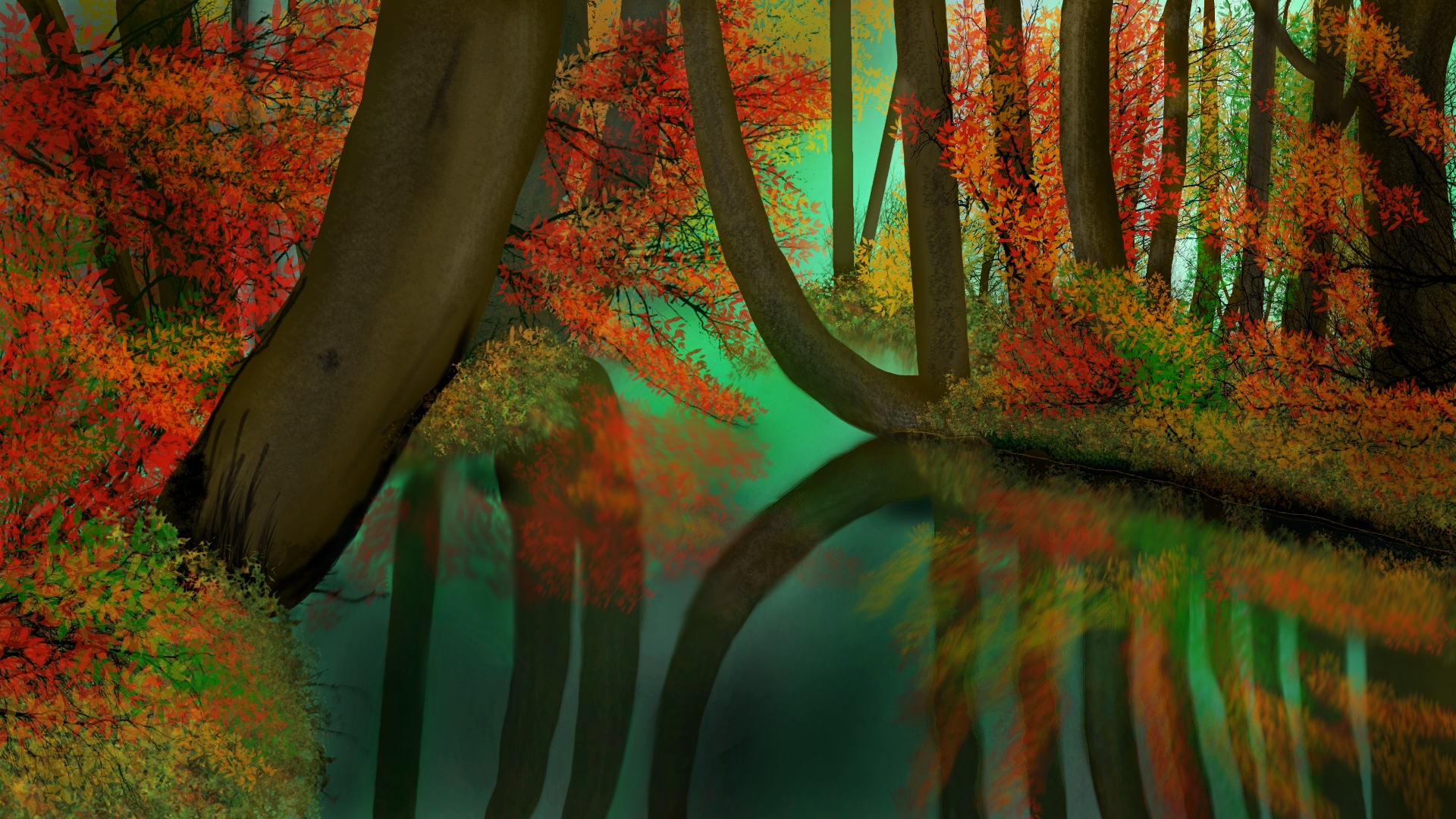 General 1920x1080 digital painting nature trees reflection