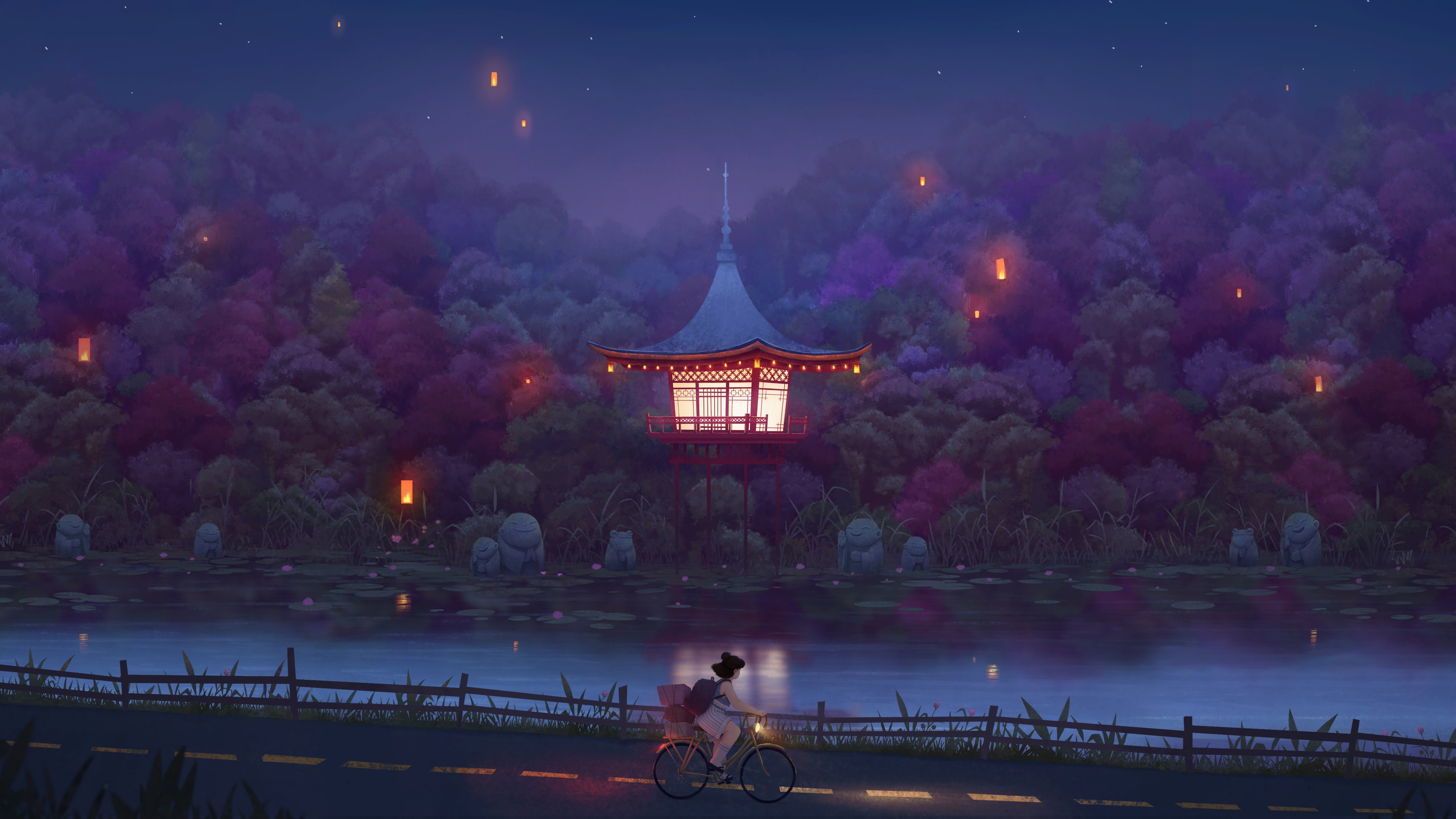 General 4096x2304 artwork Asian architecture lake road bicycle lantern forest night