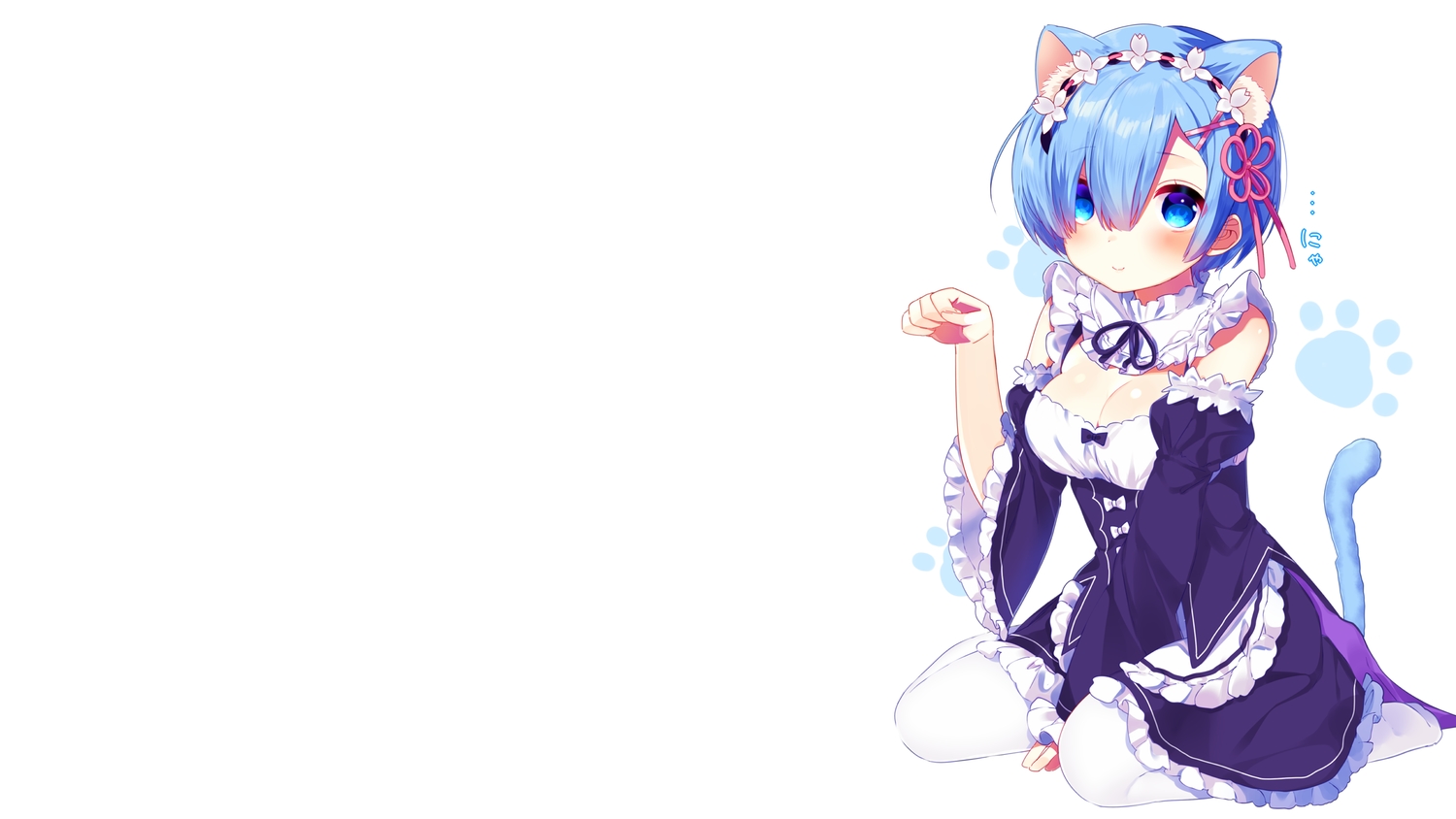 Anime 1500x844 Rem (Re:Zero) blue hair blue eyes maid maid outfit tail white background animal ears cat girl Re:Zero Kara Hajimeru Isekai Seikatsu anime girls mafuyu (chibi21)
