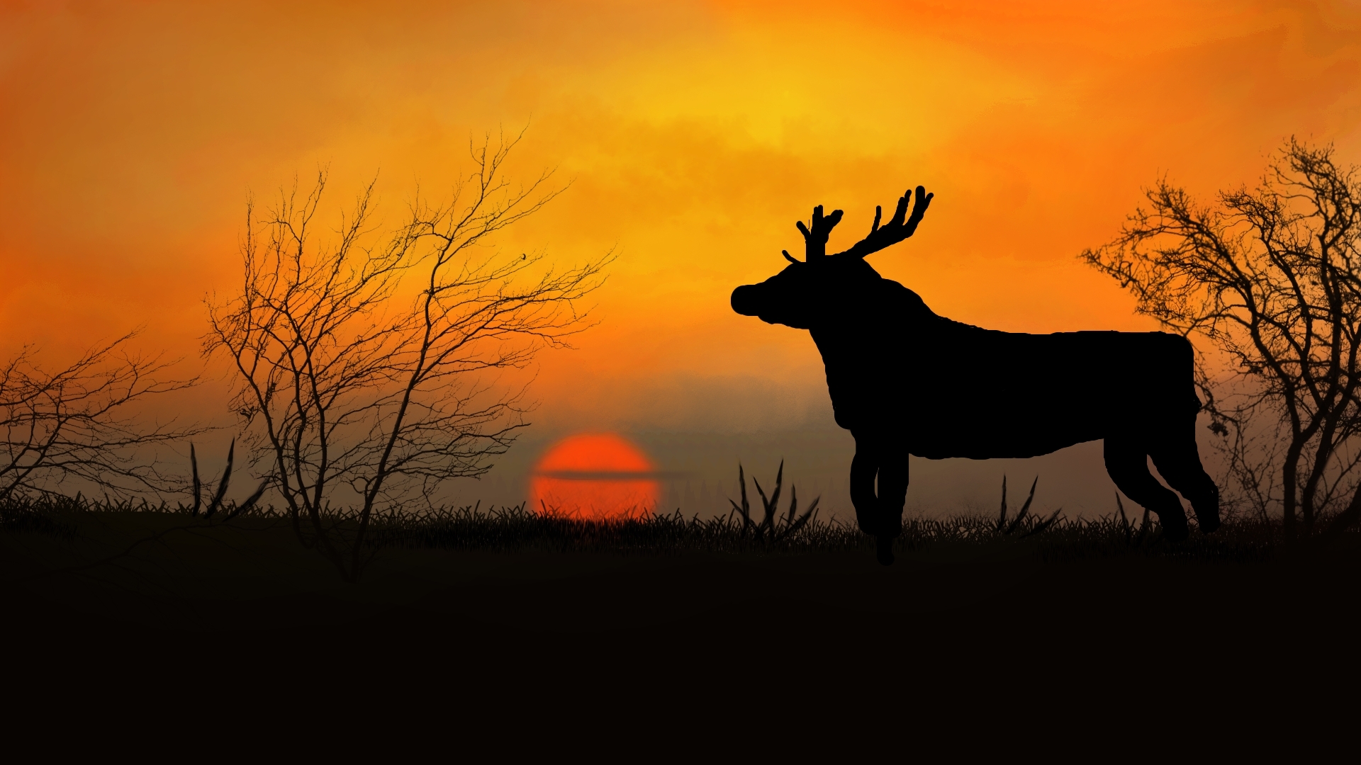 General 1920x1080 digital painting nature deer animals Sun