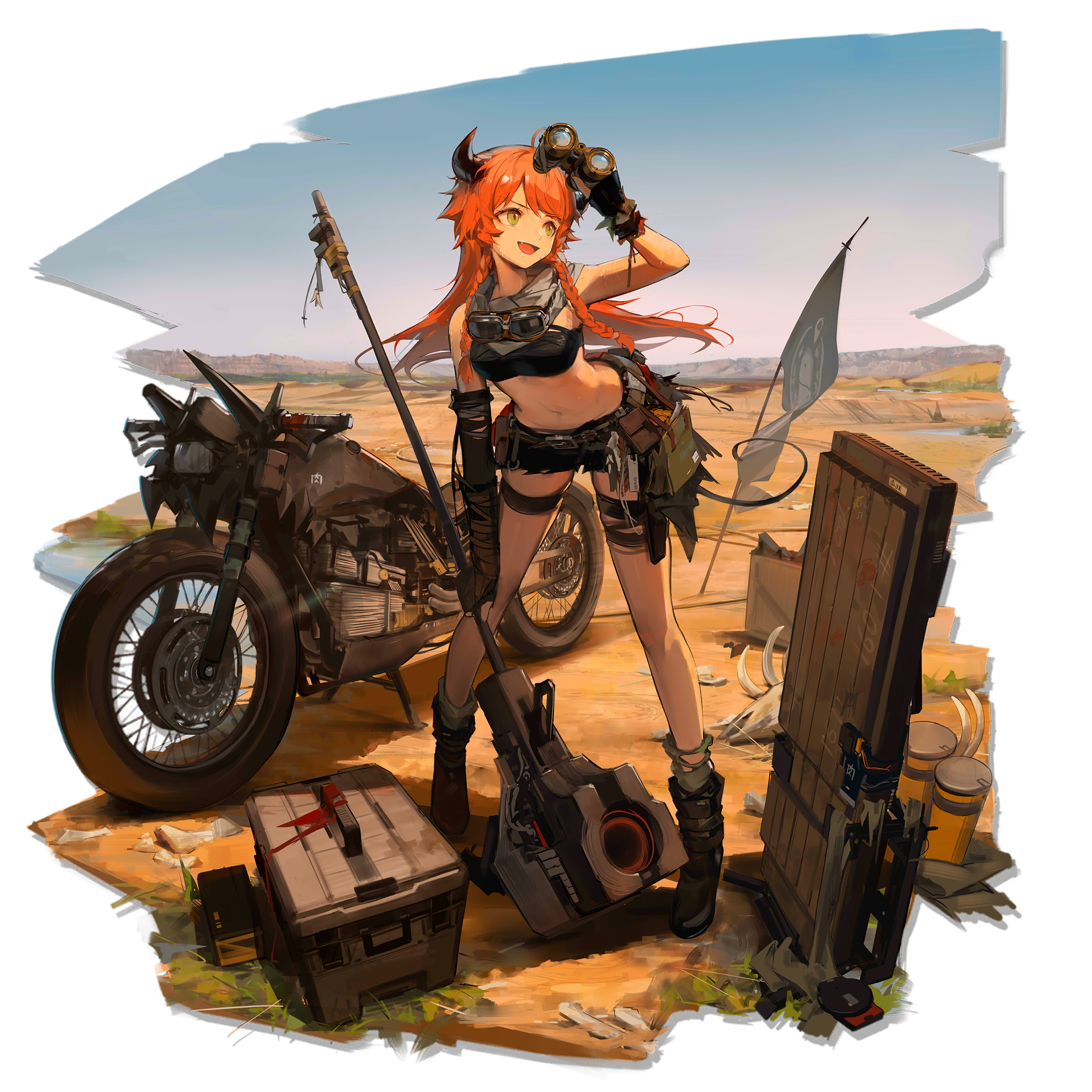Anime 2048x2048 Arknights anime anime girls motorcycle Croissant (Arknights) Huanxiang Heitu artwork crop top short shorts horns redhead