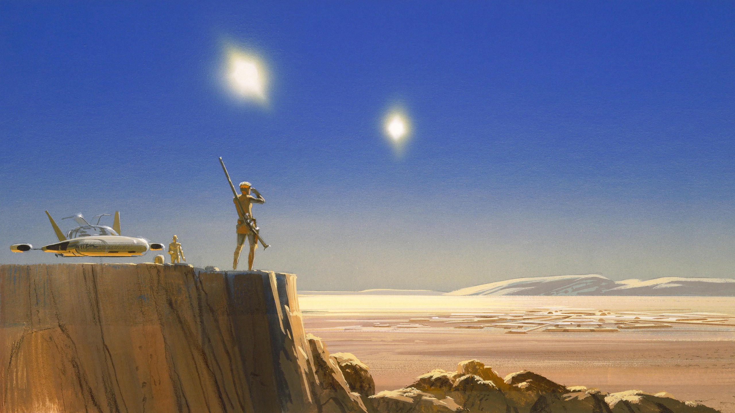 General 2560x1440 artwork painting fantasy art space sky science fiction planet landscape Star Wars Luke Skywalker Tatooine Ralph McQuarrie landspeeder C-3PO R2-D2