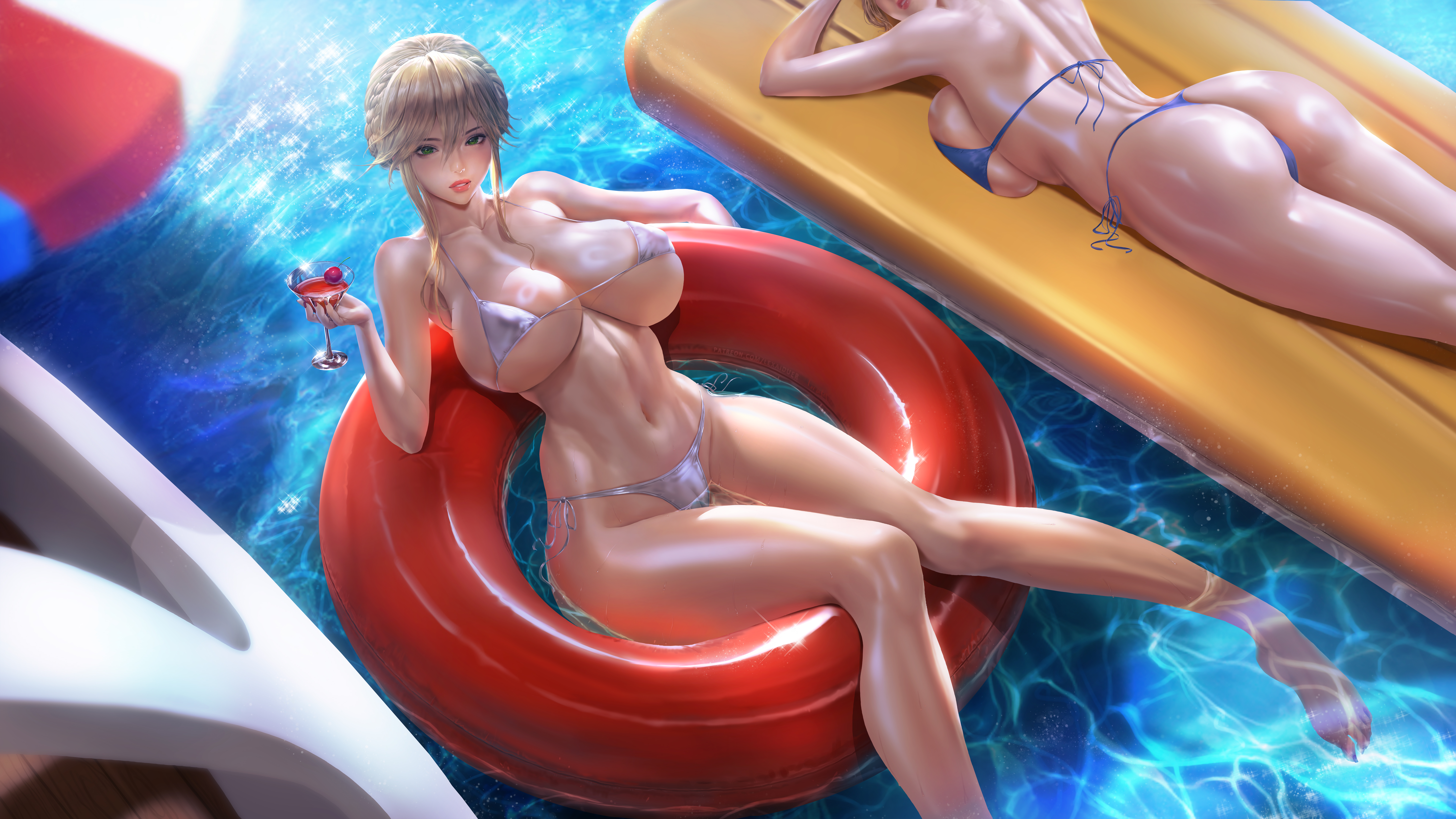 Anime 7680x4320 blonde bangs bikini belly looking at viewer green eyes parted lips floater summer barefoot high angle ass artwork drawing digital art illustration fan art Lexaiduer anime girls Jeanne d'Arc rear view Fate/Grand Order legs Artoria Pendragon anime Ruler (Fate/Grand Order) huge breasts curvy lying down lying on front swimwear knees together drinking glass two women women bursting breasts cocktails Fate series