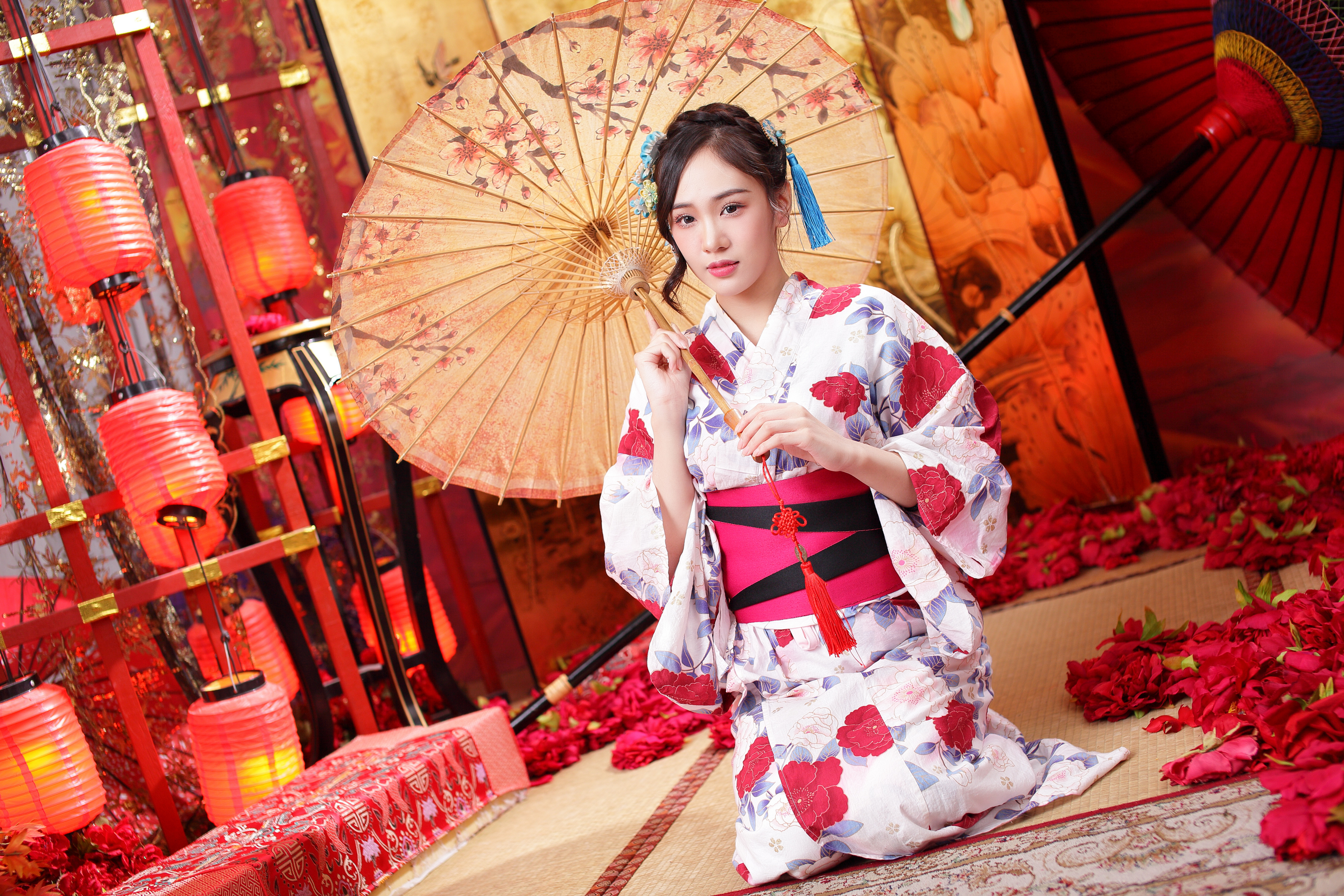People 3840x2560 Asian model women long hair brunette umbrella traditional clothing kimono hair ornament paper lantern petals