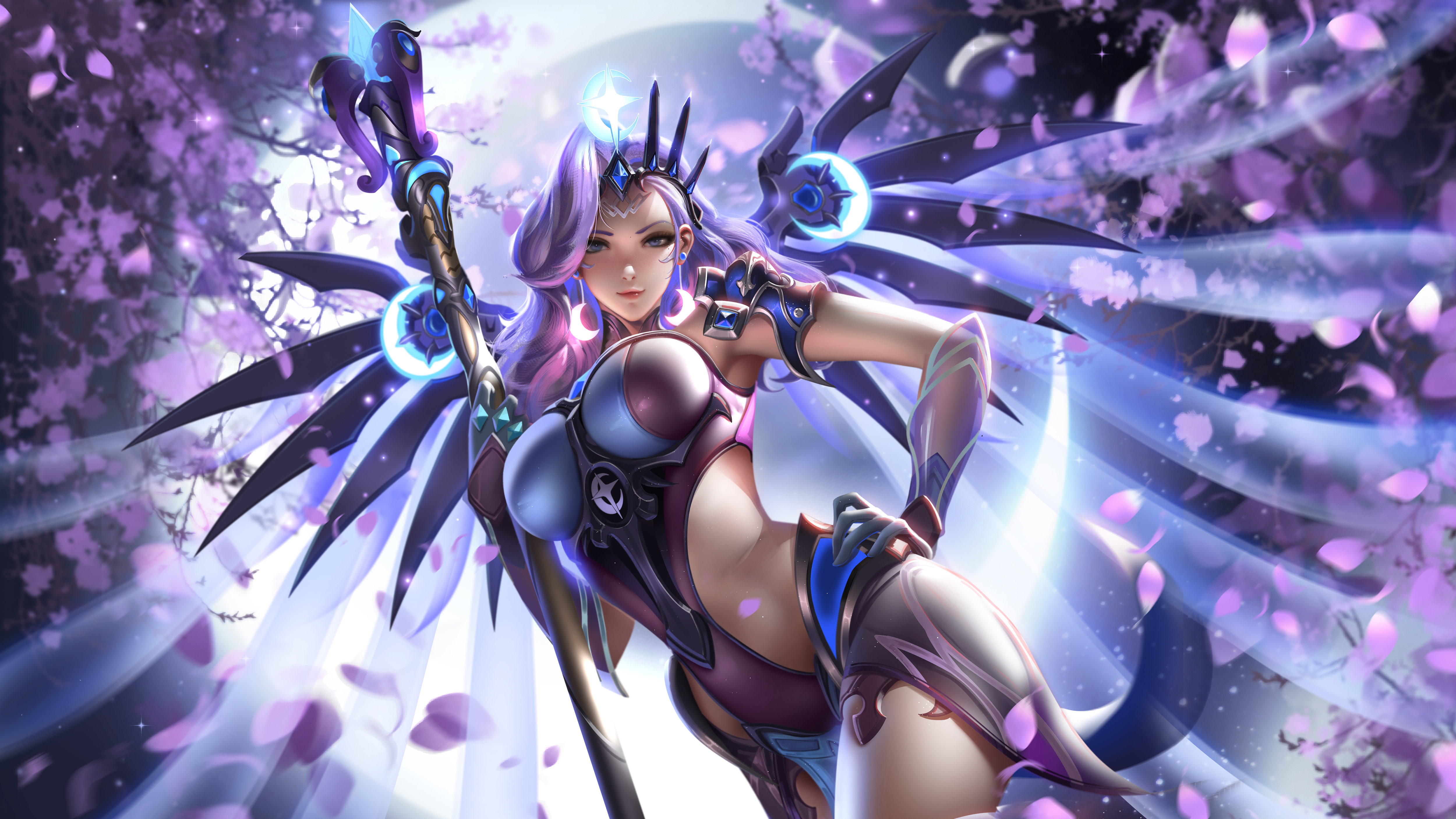 General 5000x2813 Mercy (Overwatch) Overwatch blue eyes purple hair bodysuit Jason Liang anime digital art