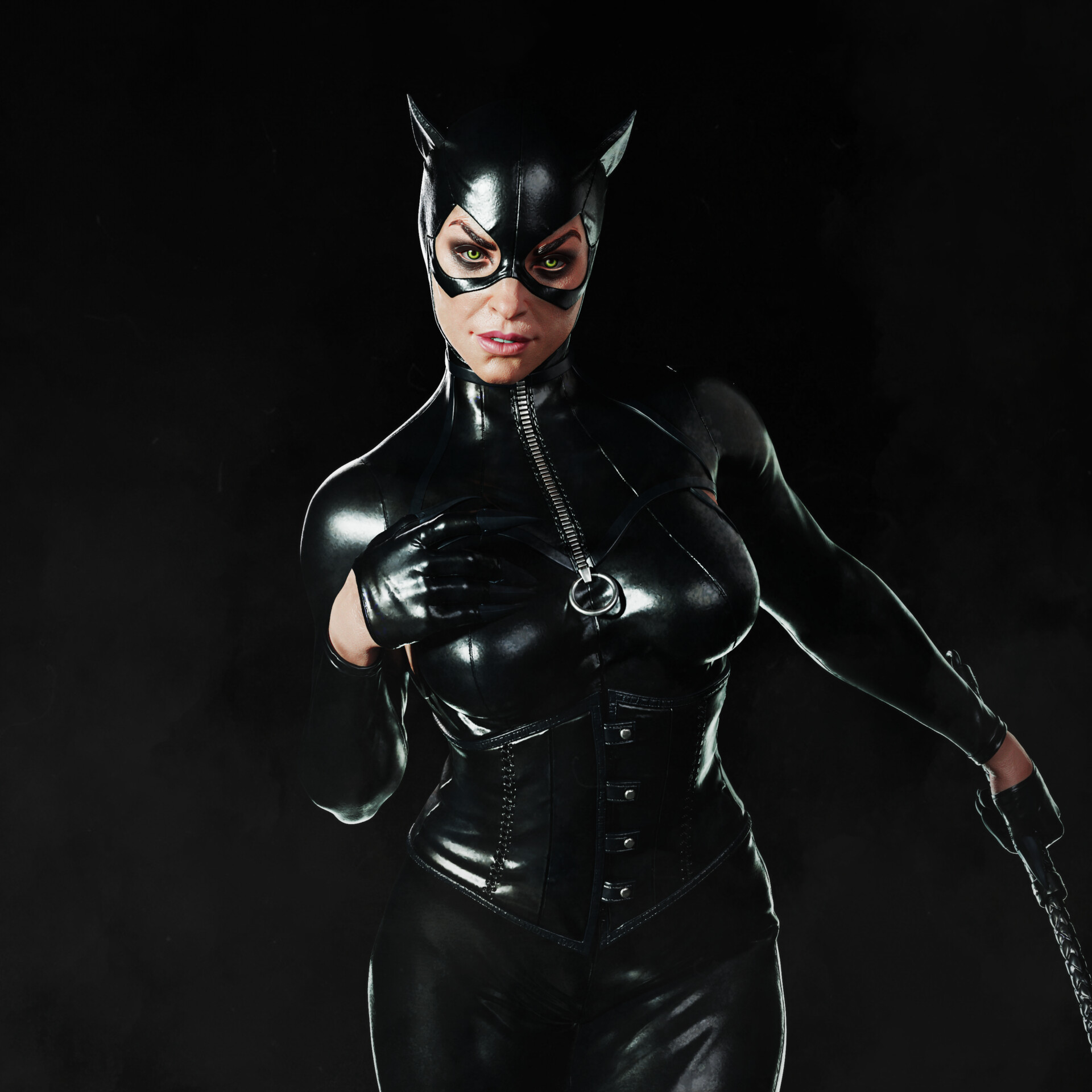 General 1920x1920 Catwoman CGI digital art women mask latex simple background black background looking at viewer glowing eyes cat eyes