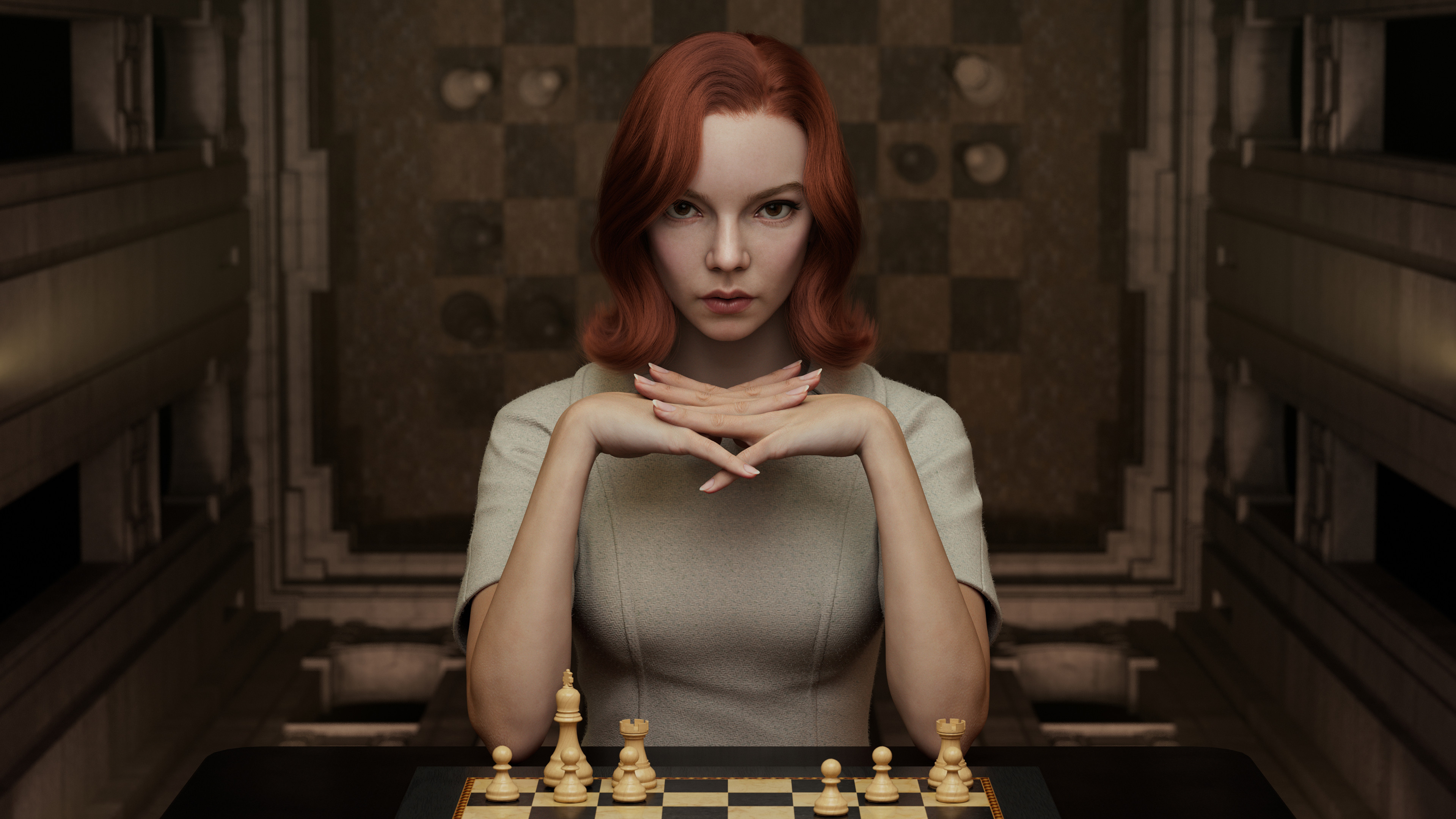 General 3839x2160 ArtStation redhead looking at viewer chess digital art digital painting Beth Harmon fan art artwork Anya Taylor-Joy  CGI Xie Boli The Queen's Gambit