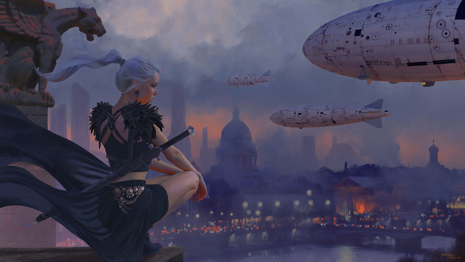 General 1900x1069 fantasy girl WLOP ArtStation squatting women artwork sky cityscape airships vehicle long hair fantasy art gargoyles looking into the distance