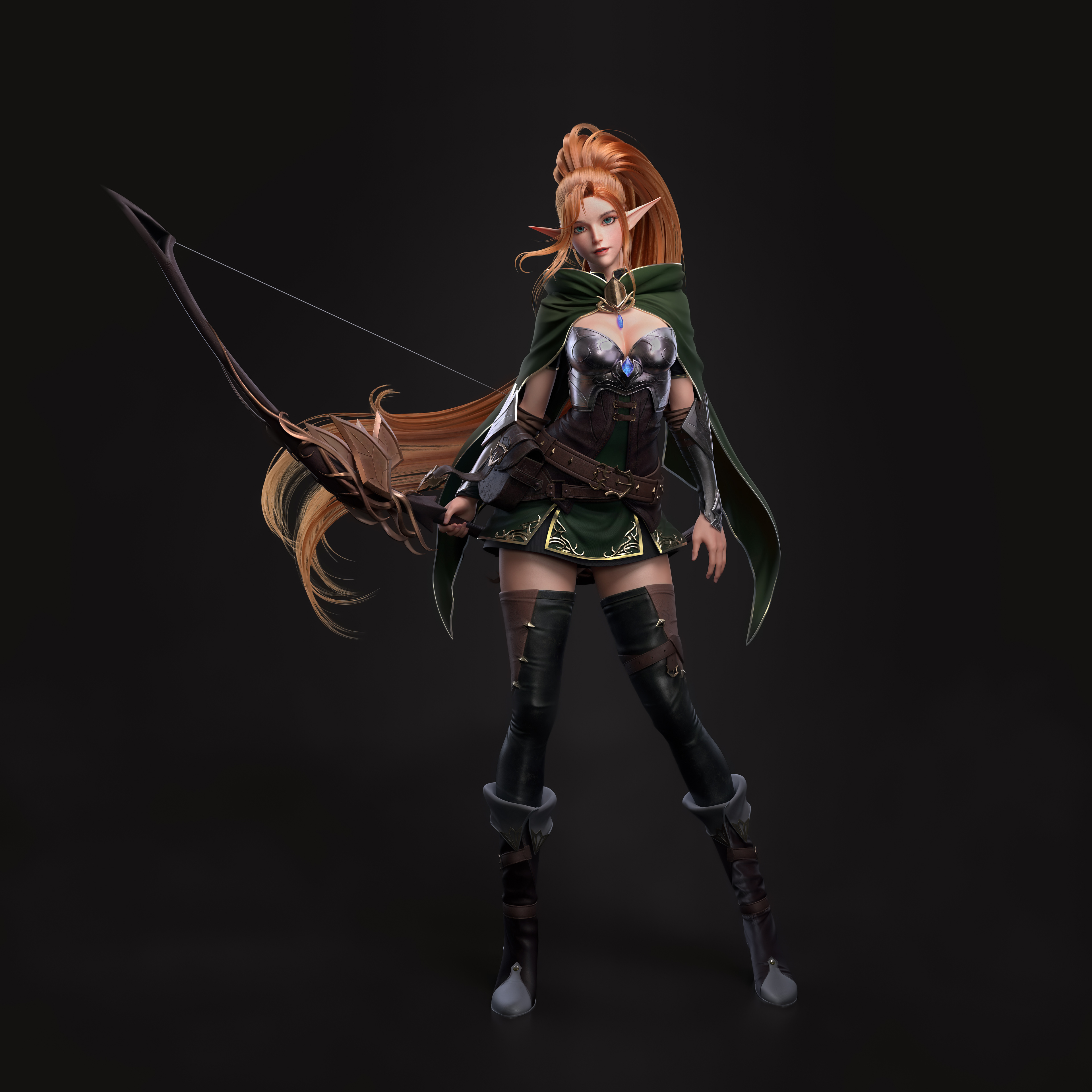 General 3840x3840 Cifangyi CGI women elves archer redhead long hair ponytail pointy ears cape green clothing bow belt boots leather simple background blue eyes looking at viewer