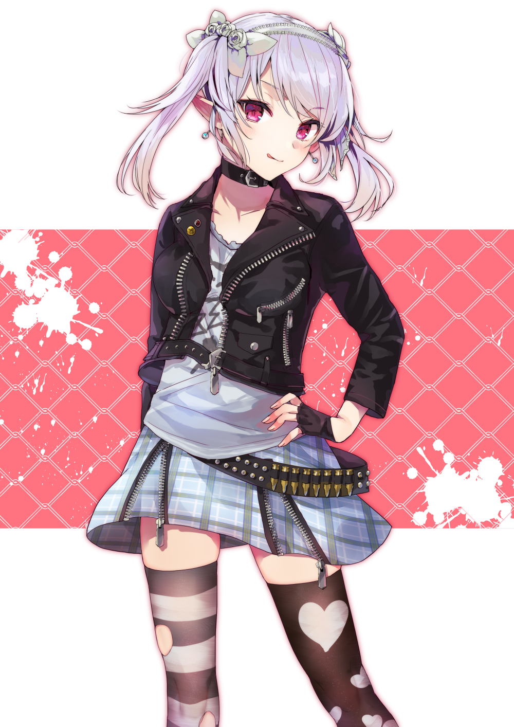 Anime 1000x1414 anime anime girls digital art artwork 2D portrait display Tomozero pointy ears tongue out silver hair pink eyes leather jacket thigh-highs