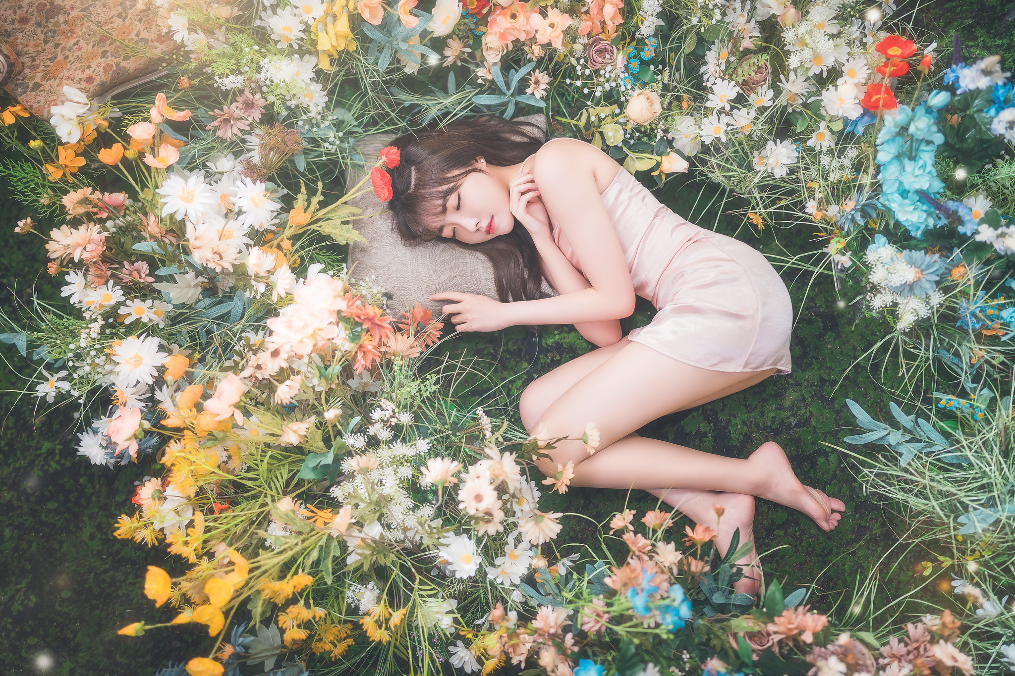 People 2048x1365 Sexy Funk Pig women Asian brunette closed eyes dress pink clothing sleeping barefoot flowers plants top view colorful model women outdoors