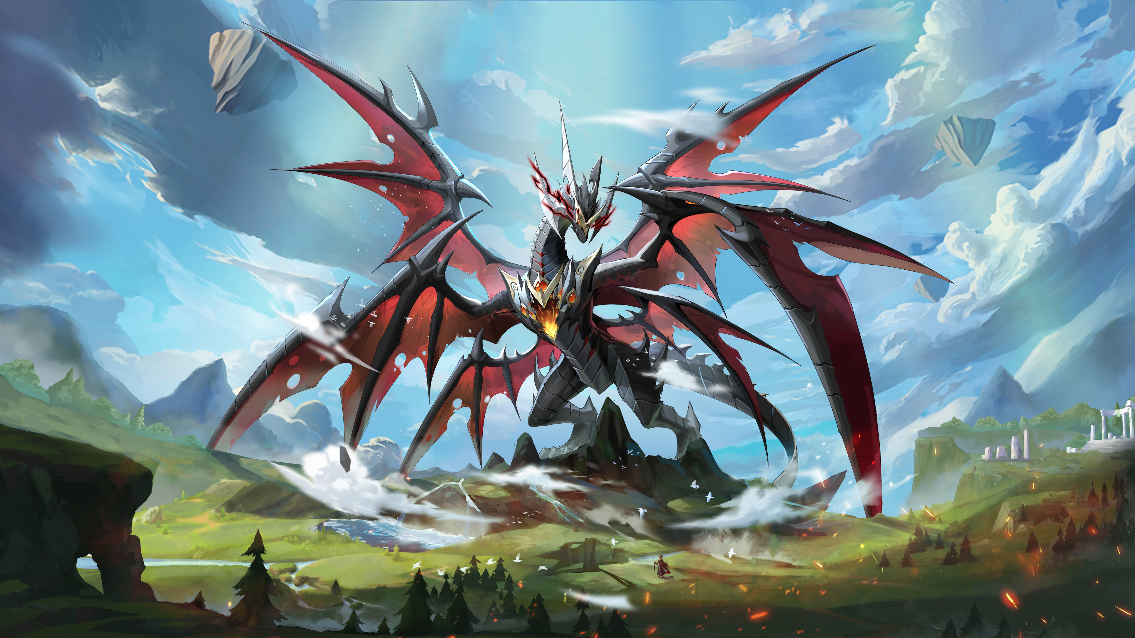 Anime 3840x2160 anime creatures artwork dragon wings clouds ao qi chuan shuo giant sky trees creature