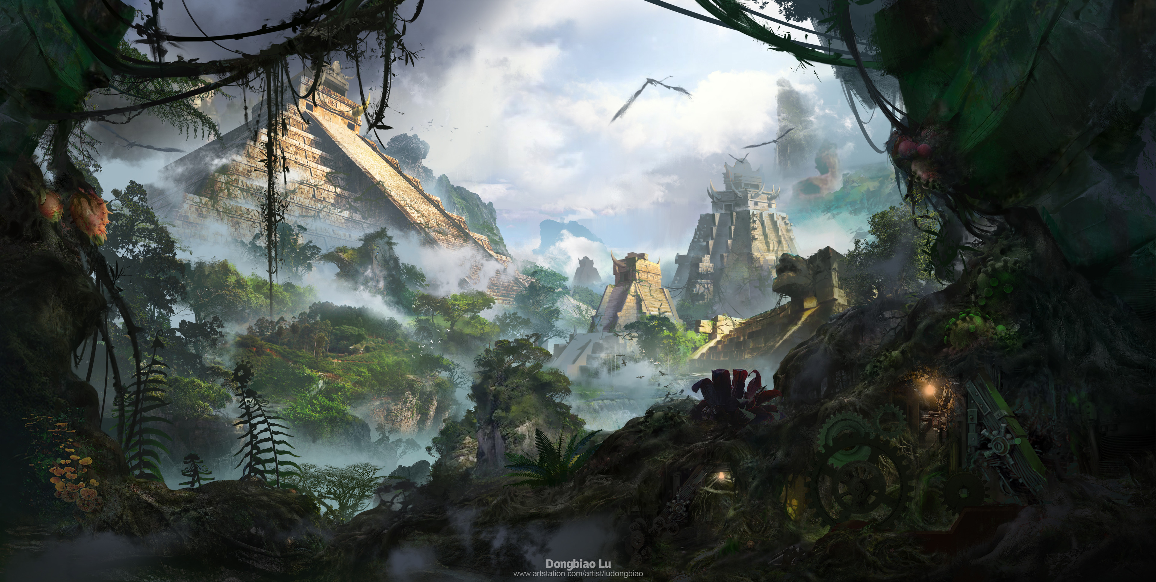 General 3840x1933 Dongbiao Lu digital art landscape forest mountains ruins clouds jungle birds