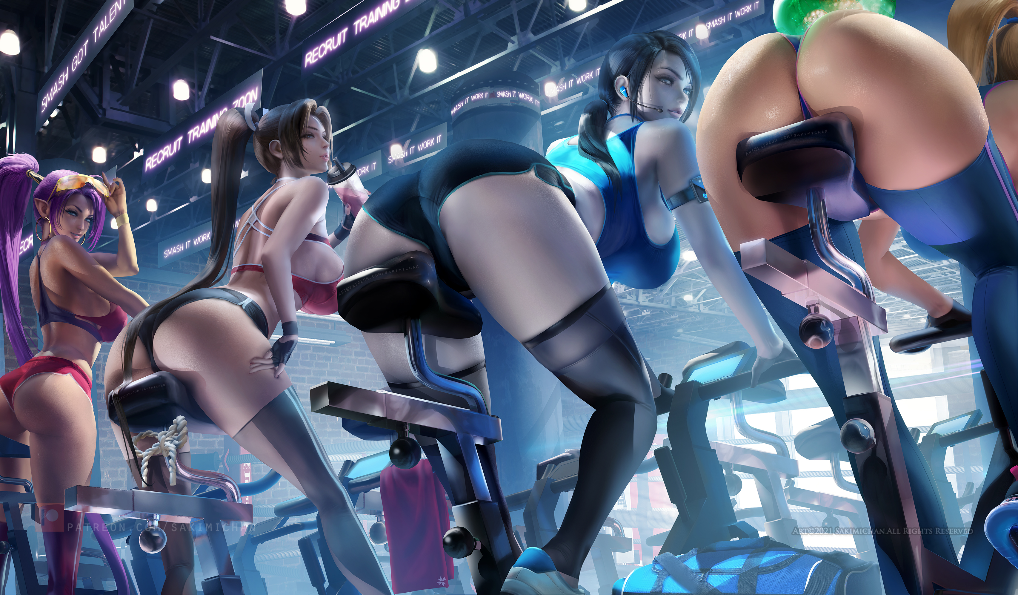 General 3410x1992 video game girls video game characters ass artwork drawing digital art illustration fan art Sakimichan crossover Shantae Samus Aran Wii King of Fighters Metroid Wii Fit Trainer Mai Shiranui ponytail group of asses short tops short shorts high waisted shorts thigh-highs sportswear sport gyms