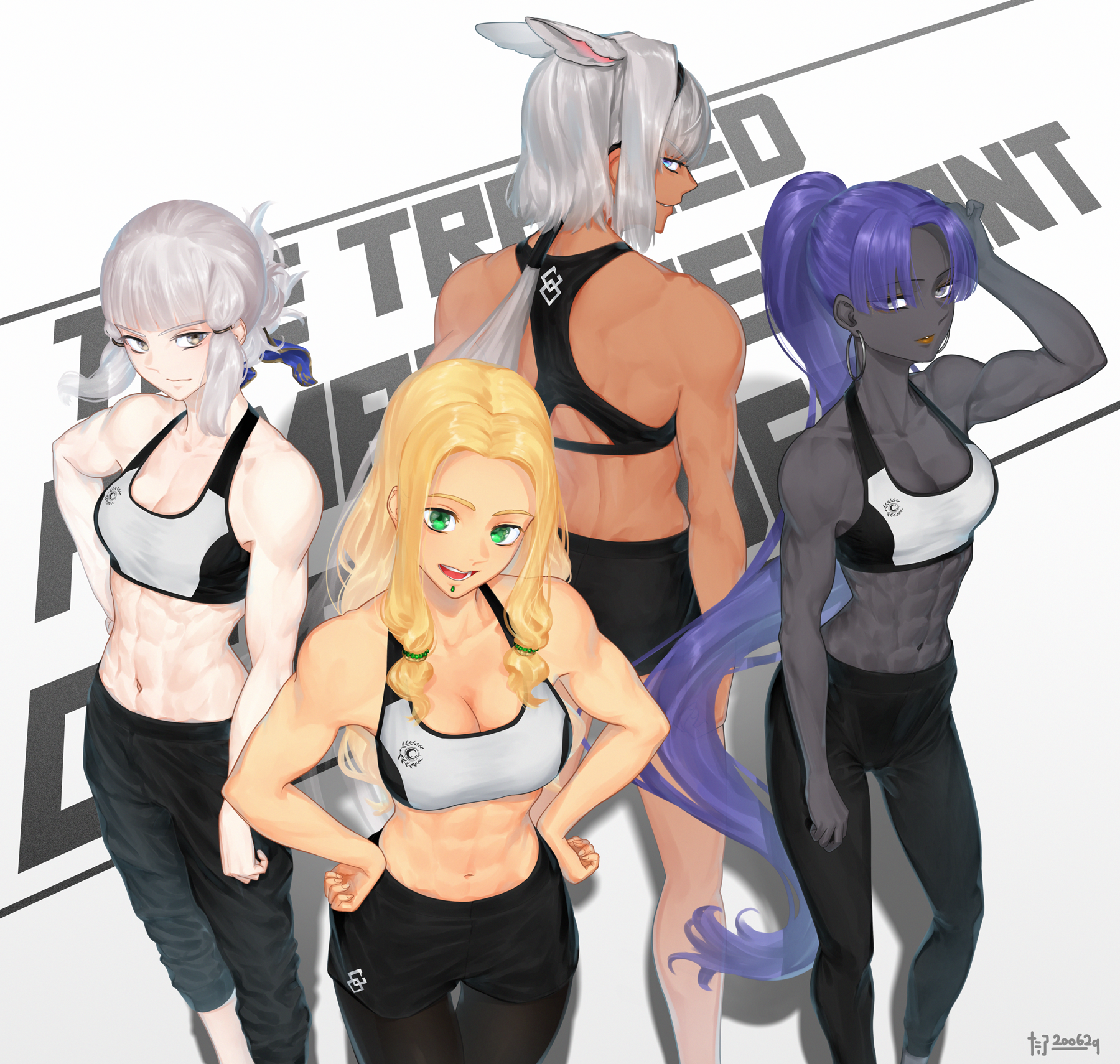 Anime 1800x1710 Fate/Grand Order Fate series sports bra yoga pants 6-pack muscular abs biceps thighs big boobs cleavage high angle tied hair bare shoulders female warrior 2D Quetzalcoatl (FGO) Assassin (Fate/Zero) Penthesilea (Fate) anime girls animal ears blunt bangs belly button pantyhose smiling green eyes purple eyes blue eyes yellow eyes dark skin belly ecchi purple hair hands on hips anime portrait display fan art alternate costume artwork bangs blonde Caenis