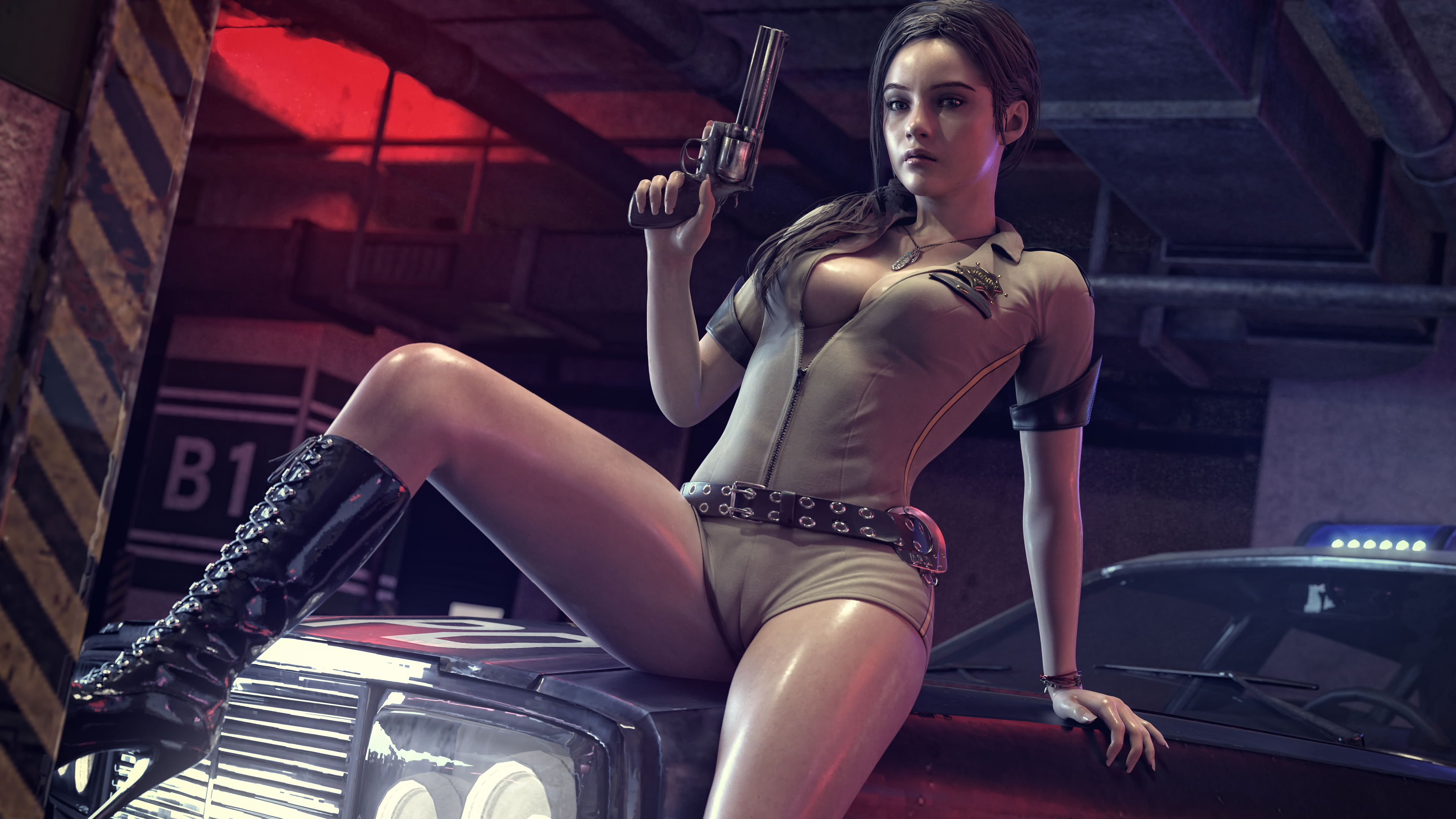 General 3840x2160 Claire Redfield Resident Evil video games video game girls brunette ponytail sheriff weapon car women with cars looking at viewer parted lips cleavage no bra playsuit belt cameltoe high heeled boots artwork digital art CGI fan art HydraFXX police women sitting