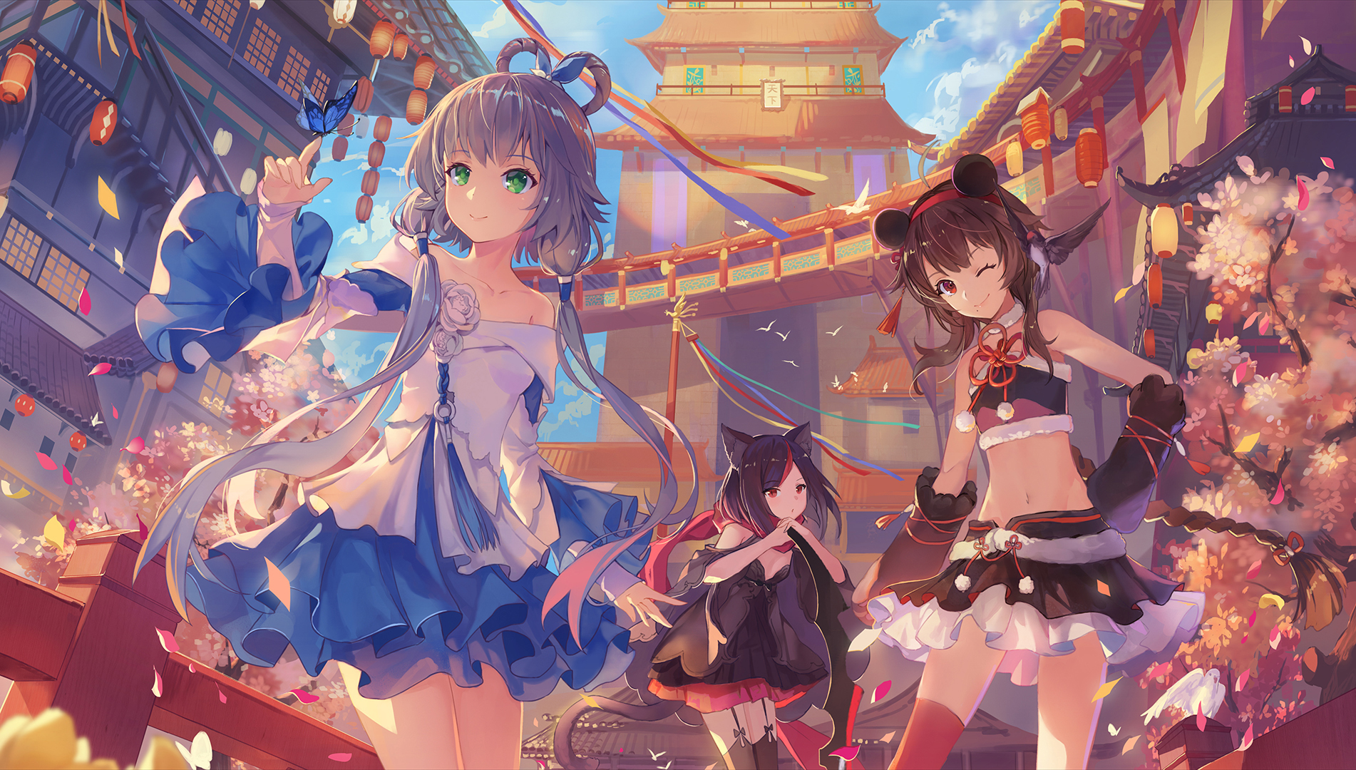 Anime 1902x1080 Luo Tianyi (vocaloid) Yuezheng Ling Vocaloid artwork anime girls animal ears brunette silver hair green eyes red eyes wink dress crop top