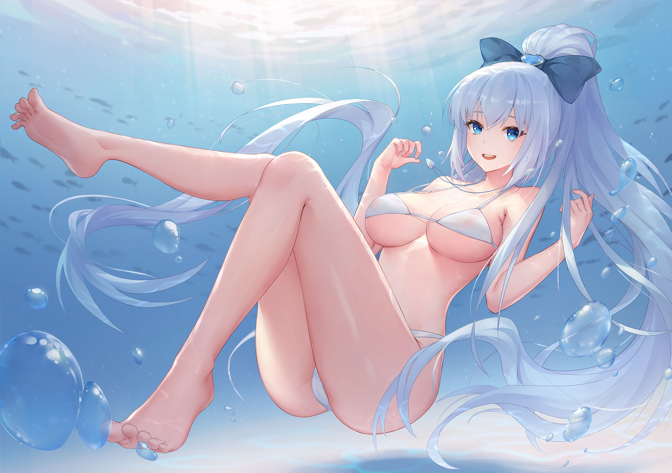 Anime 2200x1550 Gu Tao anime anime girls bikini white hair ass feet long hair nipples through clothing