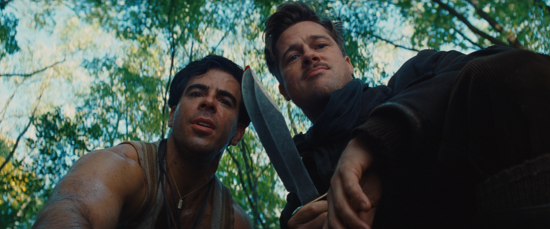 People 1920x800 Inglourious Basterds film stills men Brad Pitt actor knife trees Eli Roth blood movies