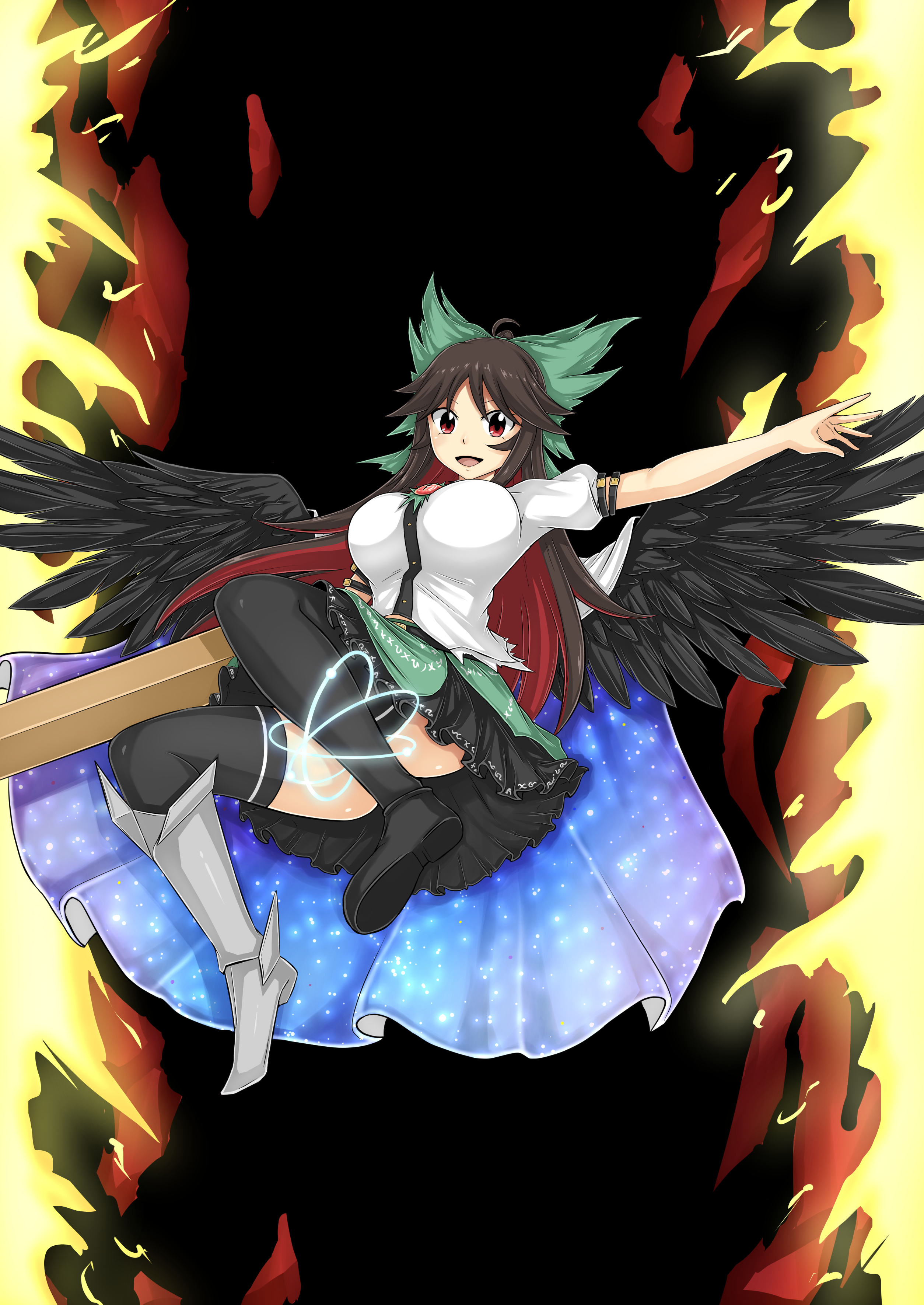Anime 2508x3541 Touhou Reiuji Utsuho anime girls wings white shirt ahoge armored boots black footwear thigh-highs boots