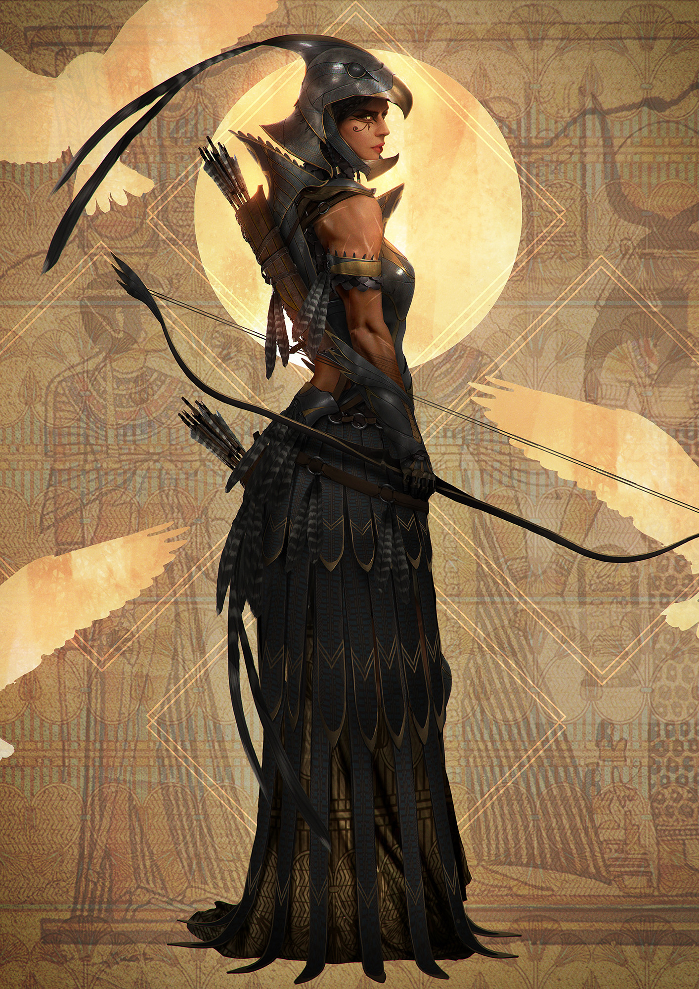 General 1414x2000 Johnson Ting drawing women Egyptian helmet weapon arrows bow quiver pattern feathers fantasy art fantasy girl bow and arrow standing girls with guns artwork oriental