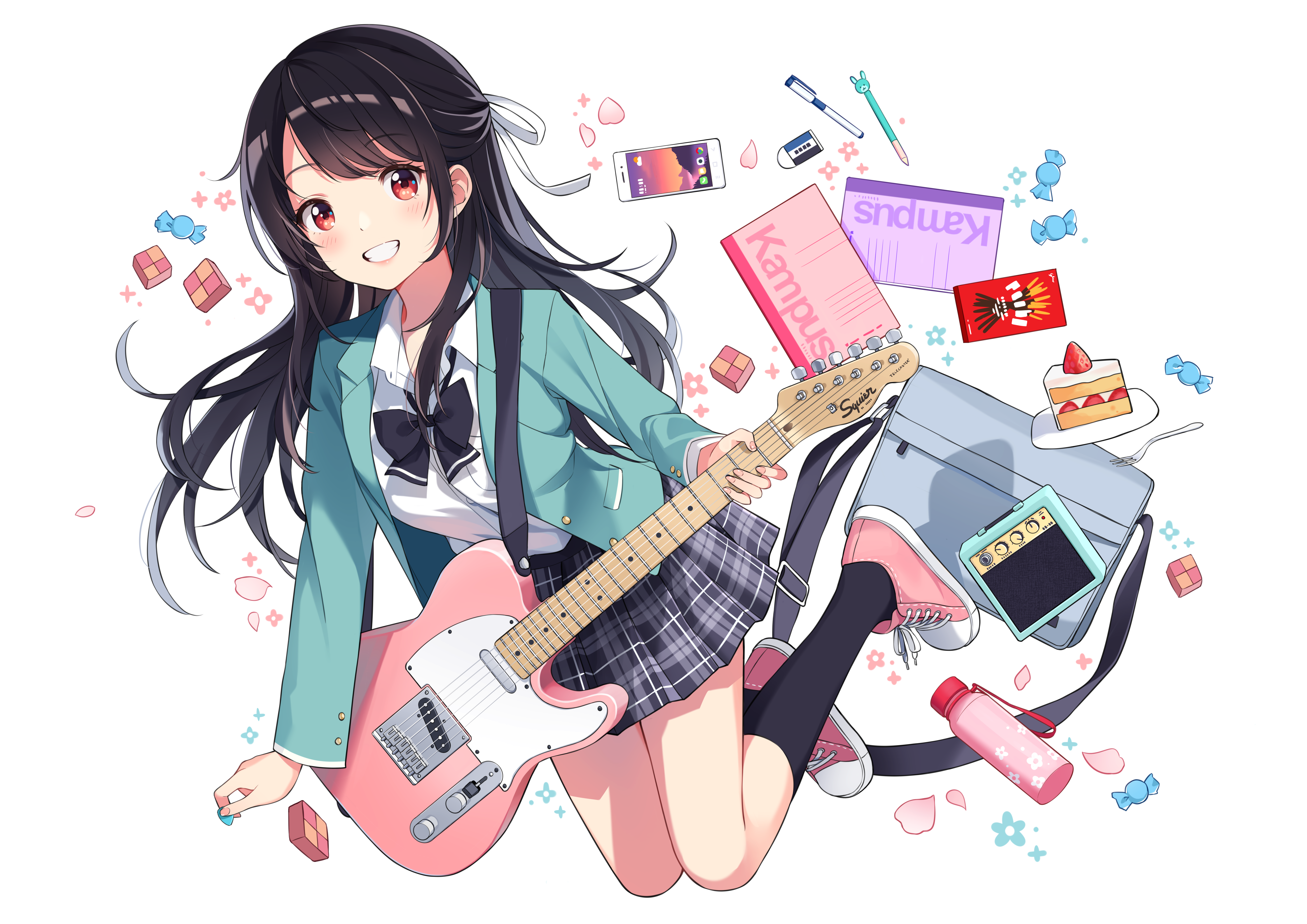 Anime 5787x4092 anime girls guitar red eyes cake sweets musical instrument school uniform schoolgirl