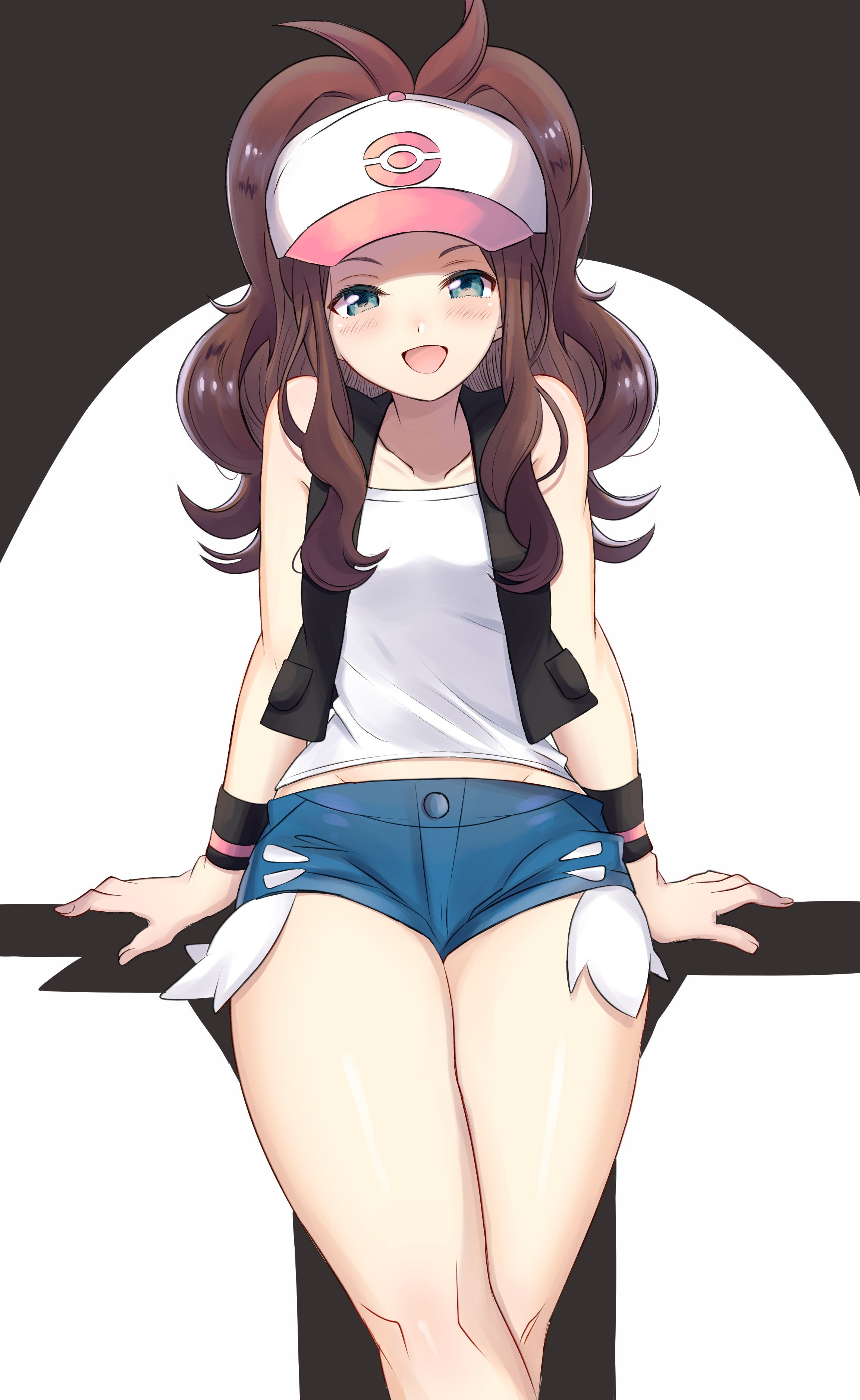 Anime 2306x3753 anime anime girls Pokémon Hilda (Pokémon) long hair ponytail brunette solo artwork digital art fan art thighs thighs together hat women with hats looking at viewer pants