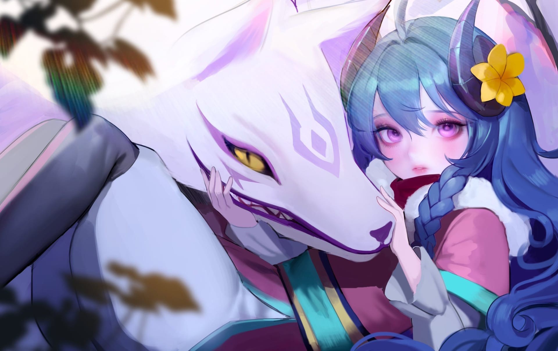 Anime 1920x1206 League of Legends Kindred (League of Legends) PC gaming fan art creature anime anime girls fantasy art fantasy girl blue hair pink eyes video game art video game girls video game characters