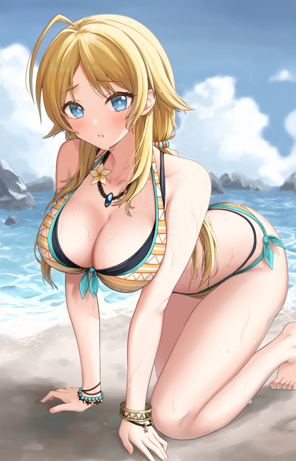 Anime 1027x1598 anime anime girls big boobs cleavage bent over bikini blushing blue eyes blonde beach Hachimiya Meguru THE iDOLM@STER artwork Murousaisei123 ahoge