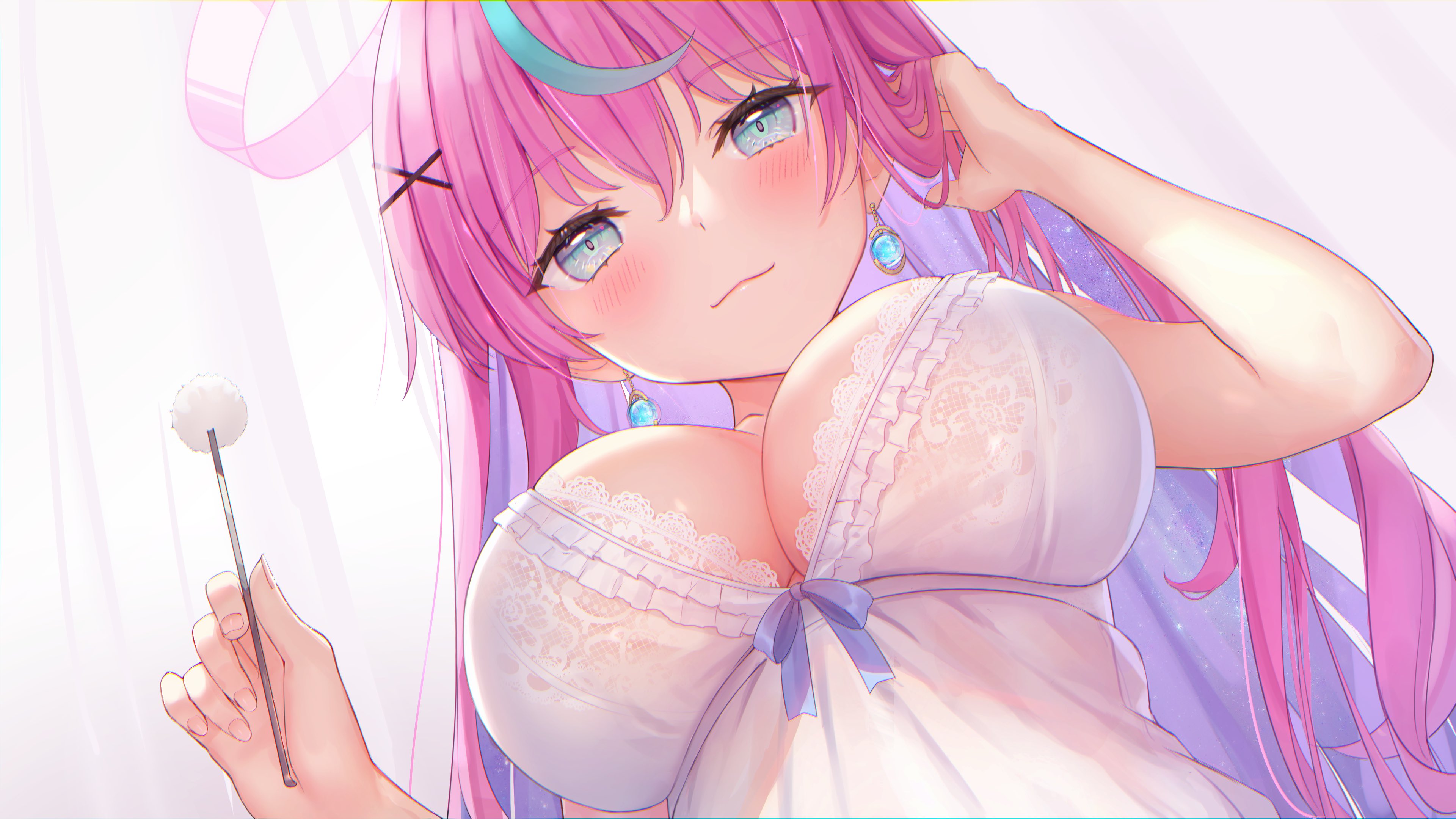Anime 3840x2160 anime anime girls huge breasts big boobs cleavage blushing blue eyes pink hair Virtual Youtuber artwork Munuu Aqua(Hololive)