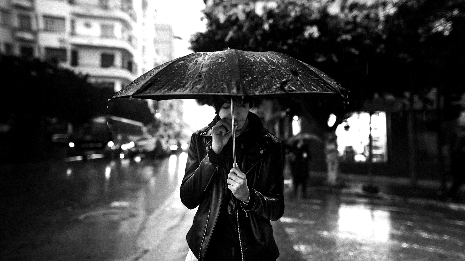 People 1920x1080 smoking rain low saturation umbrella Daoudi Aissa