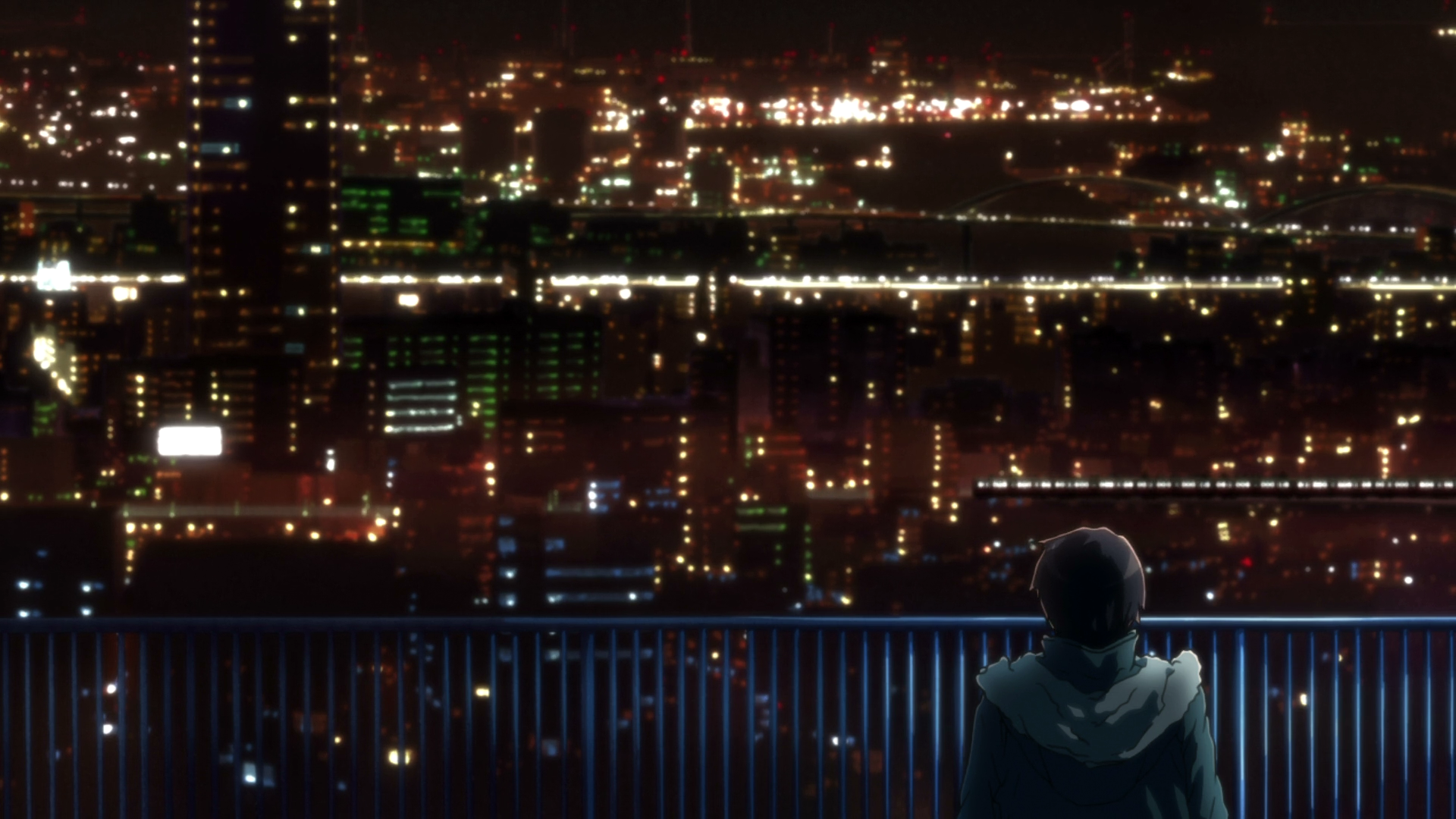 Anime 1920x1080 Kyon The Disappearance of Haruhi Suzumiya city city lights fence train cityscape The Melancholy of Haruhi Suzumiya