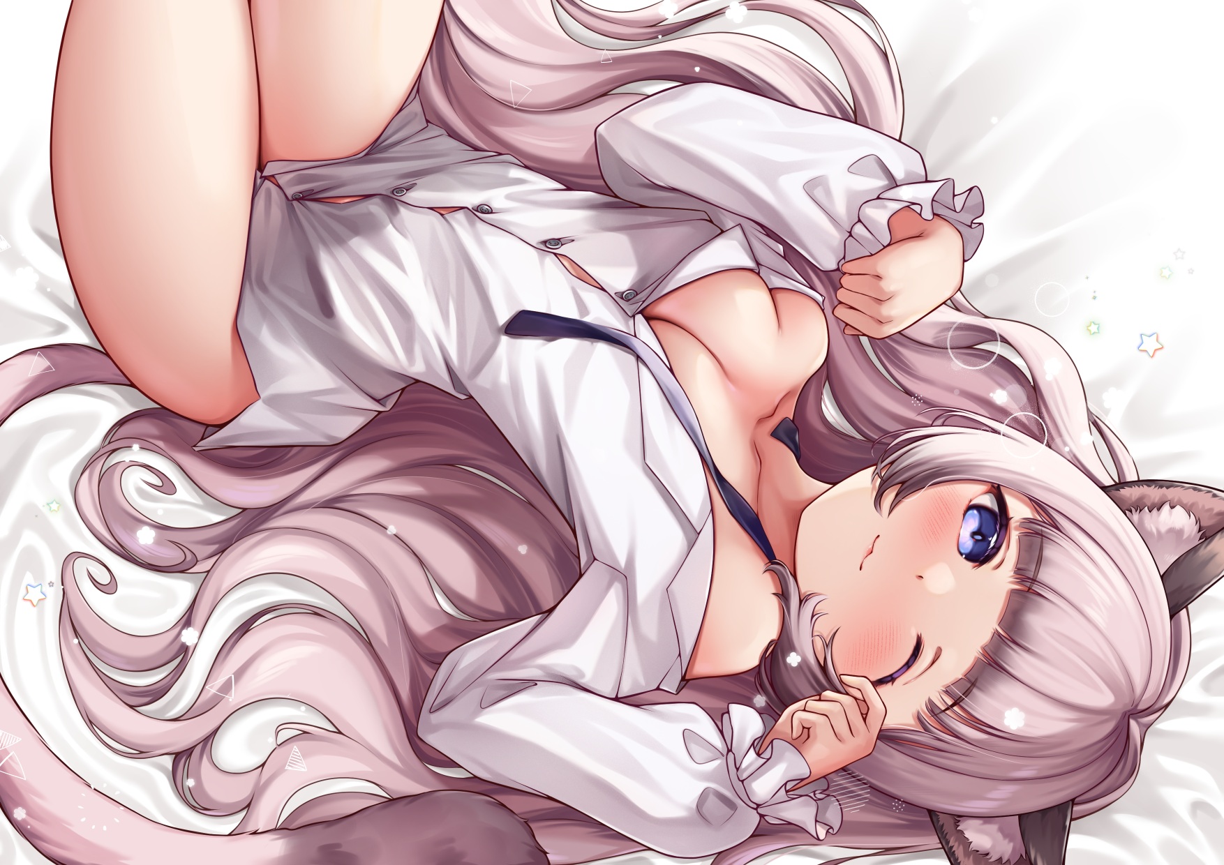 Anime 1754x1240 anime anime girls thighs arched back boobs blue eyes white background blouses legs together one eye closed