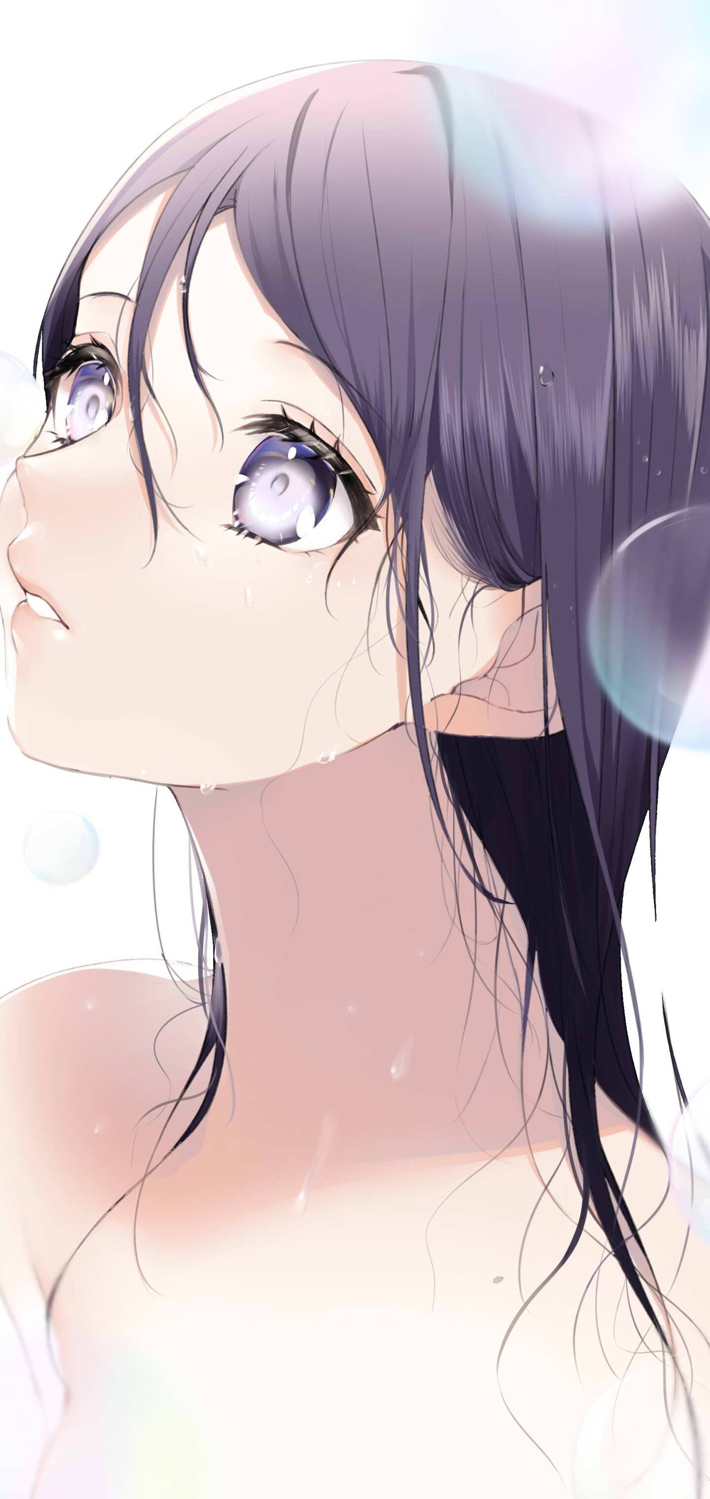 Anime 1440x3040 anime anime girls original characters artwork Sogawa cropped dark hair dark eyes face wet implied nude