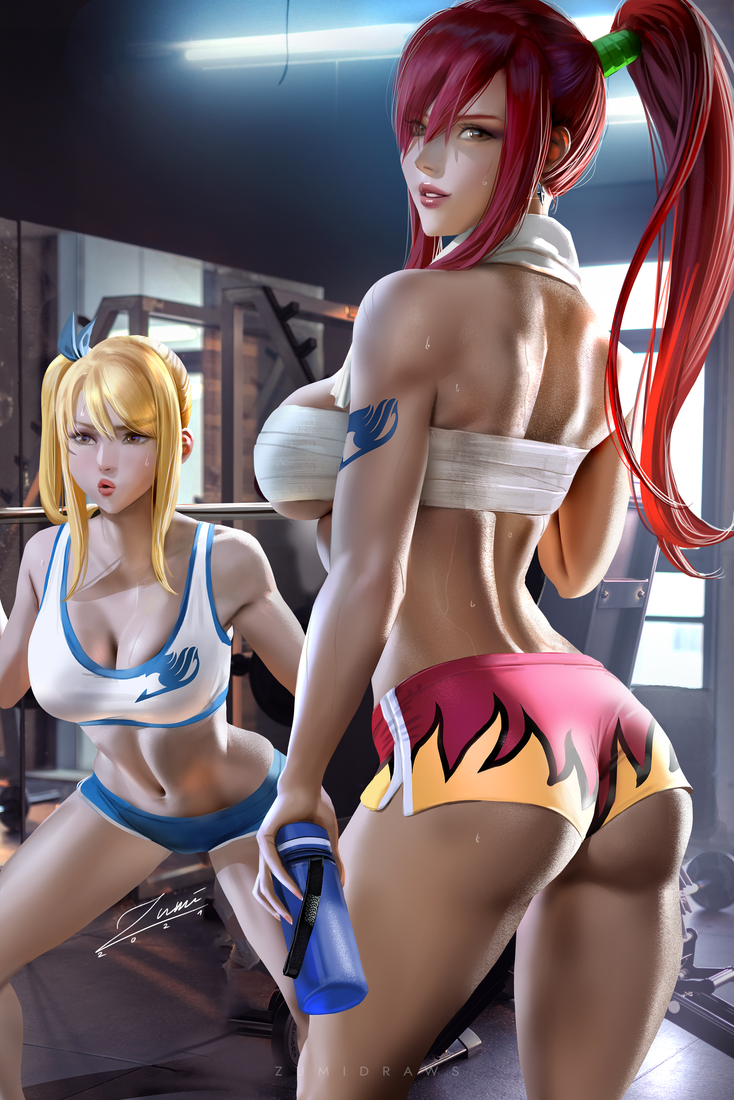 Anime 2339x3508 Heartfilia Lucy  Scarlet Erza Fairy Tail anime anime girls Side ponytail ponytail blonde redhead gyms exercise sweat gym clothes short tops sarashi short shorts tight shorts ass looking at viewer tattoo artwork drawing digital art illustration fan art Zumi signature