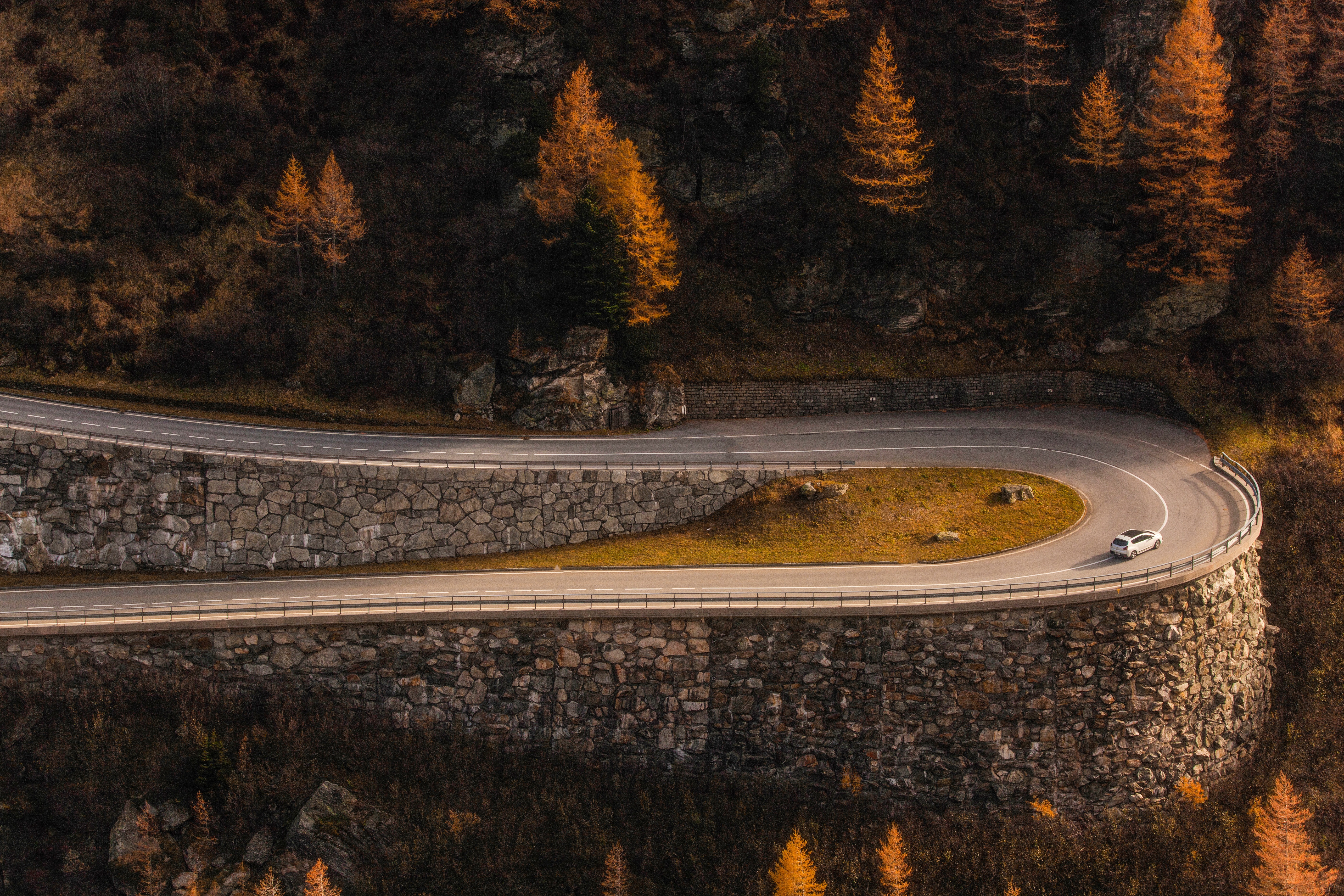General 5616x3744 forest fall road car mountain pass mountains trees stones landscape Switzerland pine trees hairpin turns