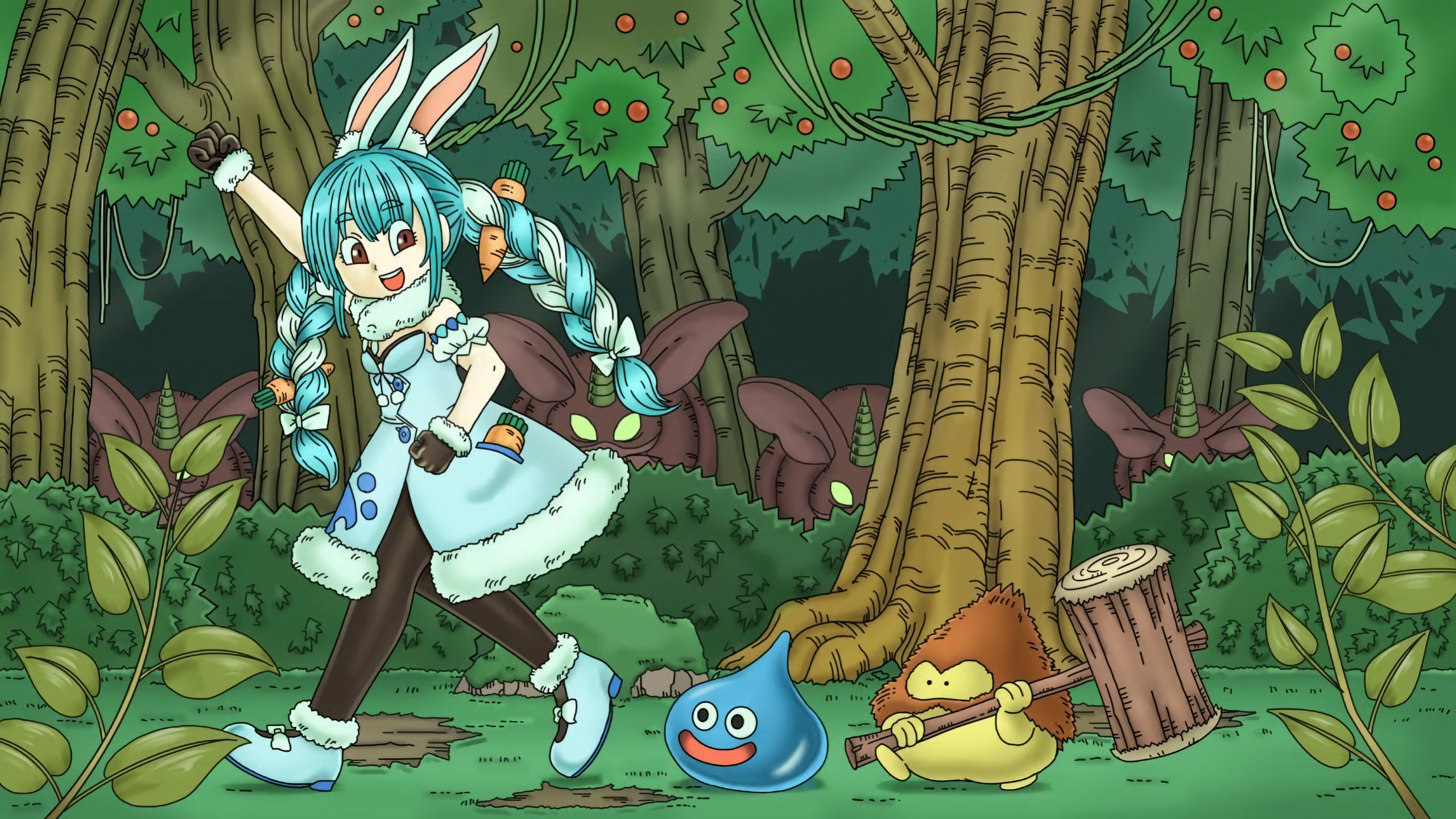 Anime 2560x1440 Usada Pekora Hololive Dragon Quest slime Hammerhood forest Virtual Youtuber
