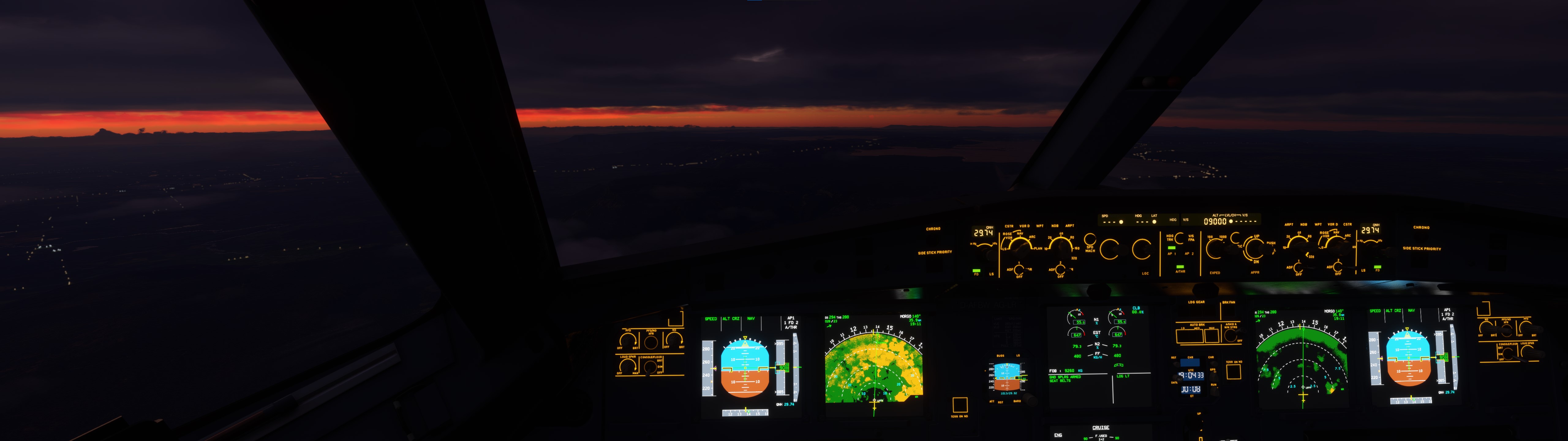 General 5120x1440 flight simulator flying Airbus A320 sky clouds cockpit aircraft airplane PC gaming screen shot passenger aircraft