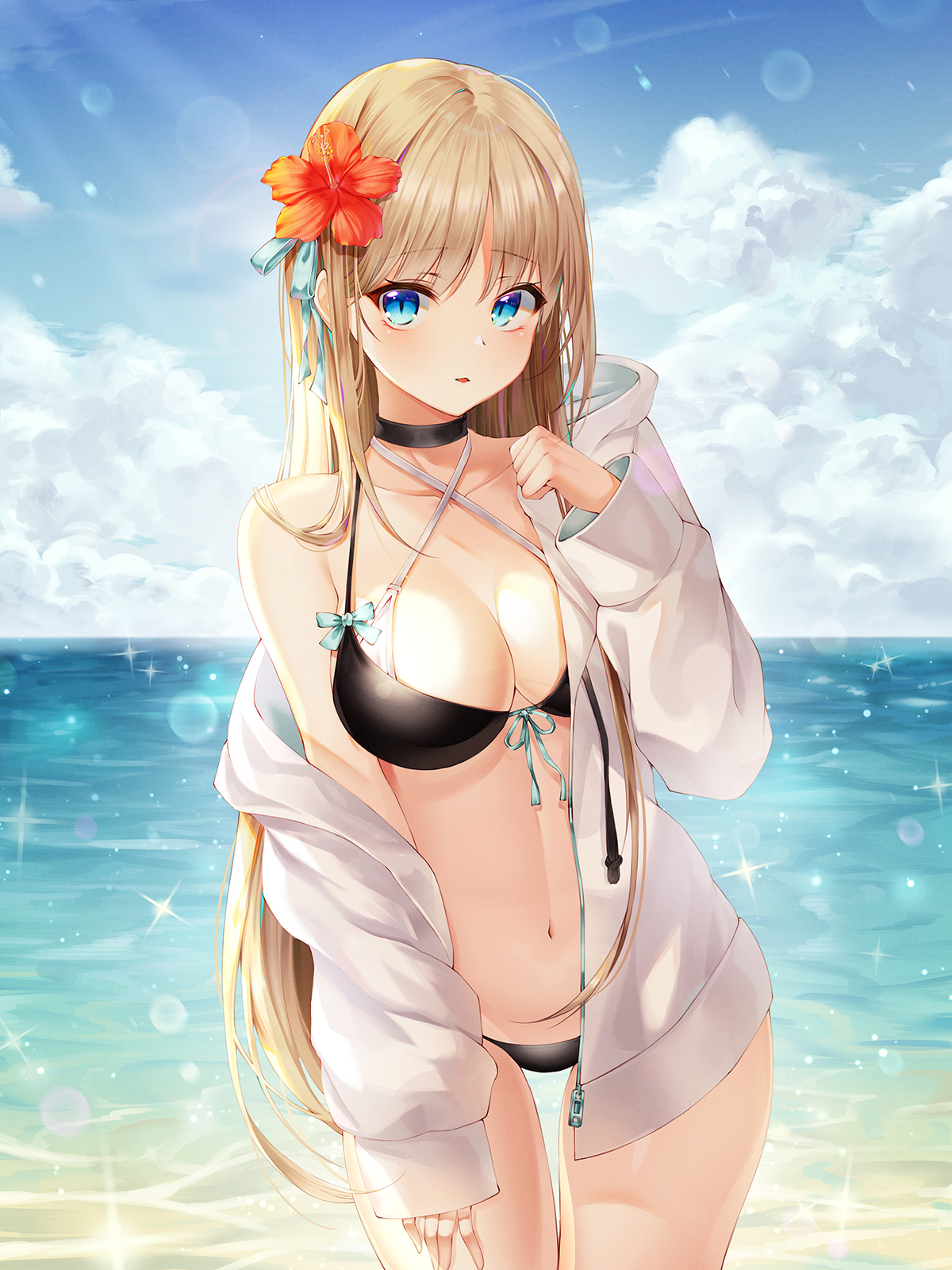 Anime 1200x1600 Mellozzo anime anime girls swimwear bikini portrait display bangs long hair blonde blue eyes open jacket cleavage