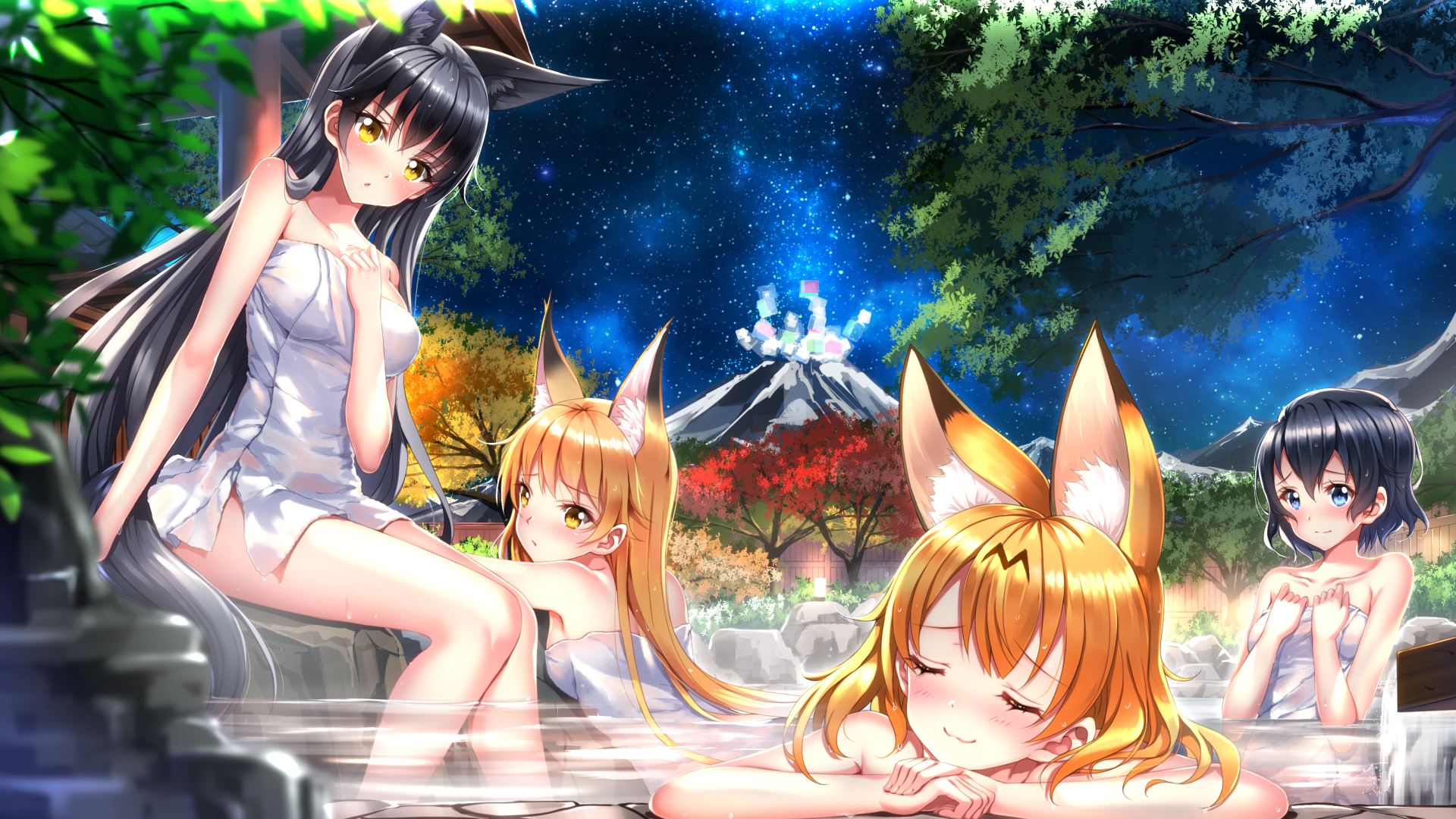 Anime 1920x1080 anime girls colorful Swordsouls hot spring onsen towel night animal ears blushing sitting