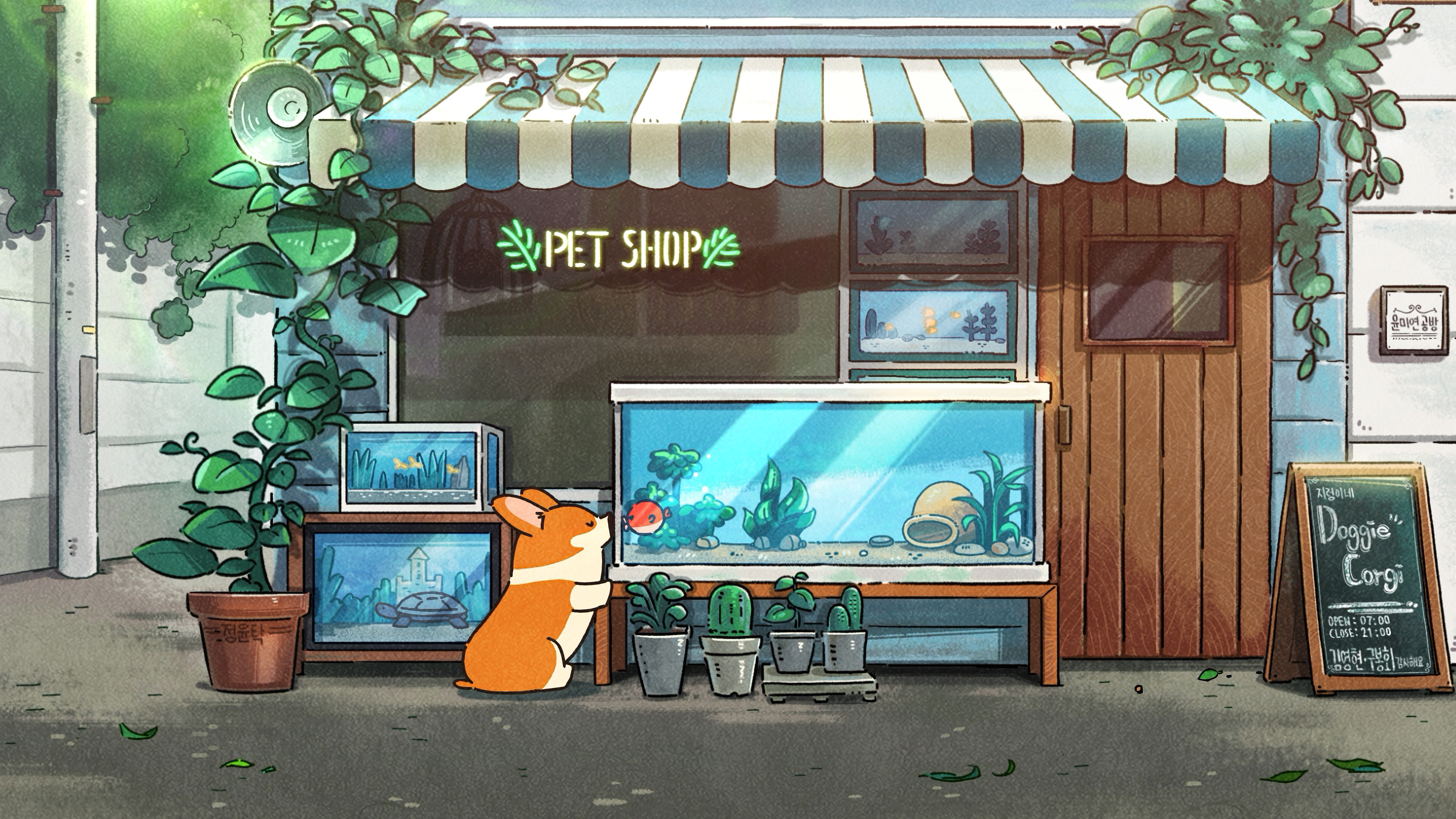 General 3840x2160 cartoon dog Corgi artwork fish tank schedule animals plants leaves water store front ground Korean door fish