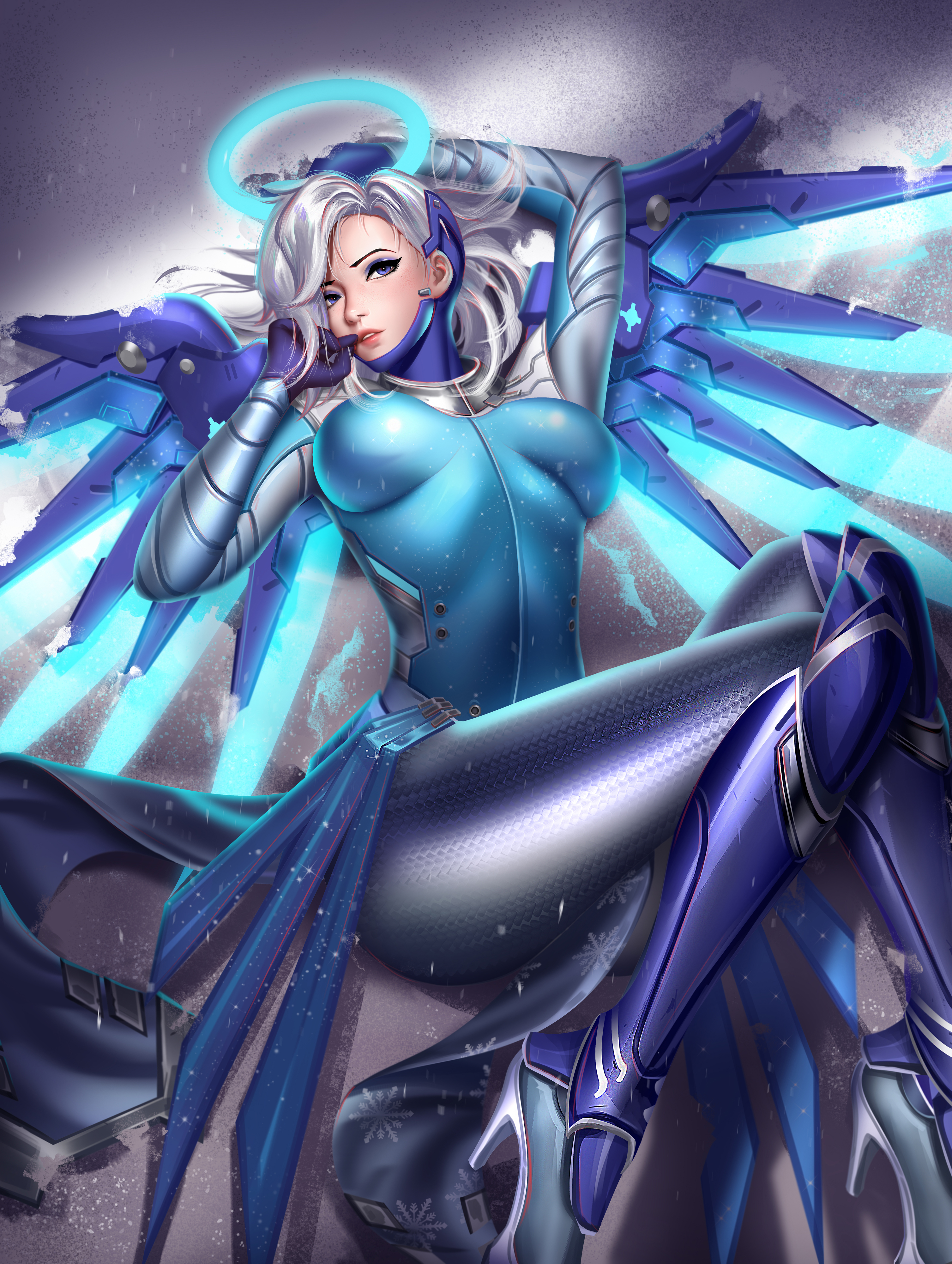 General 3014x4000 Mercy (Overwatch) Overwatch video games video game girls white hair looking at viewer blue eyes parted lips lying on back snow fantasy girl glowing armor portrait display top view video game characters artwork drawing digital art illustration fan art Jason Liang gloves wings