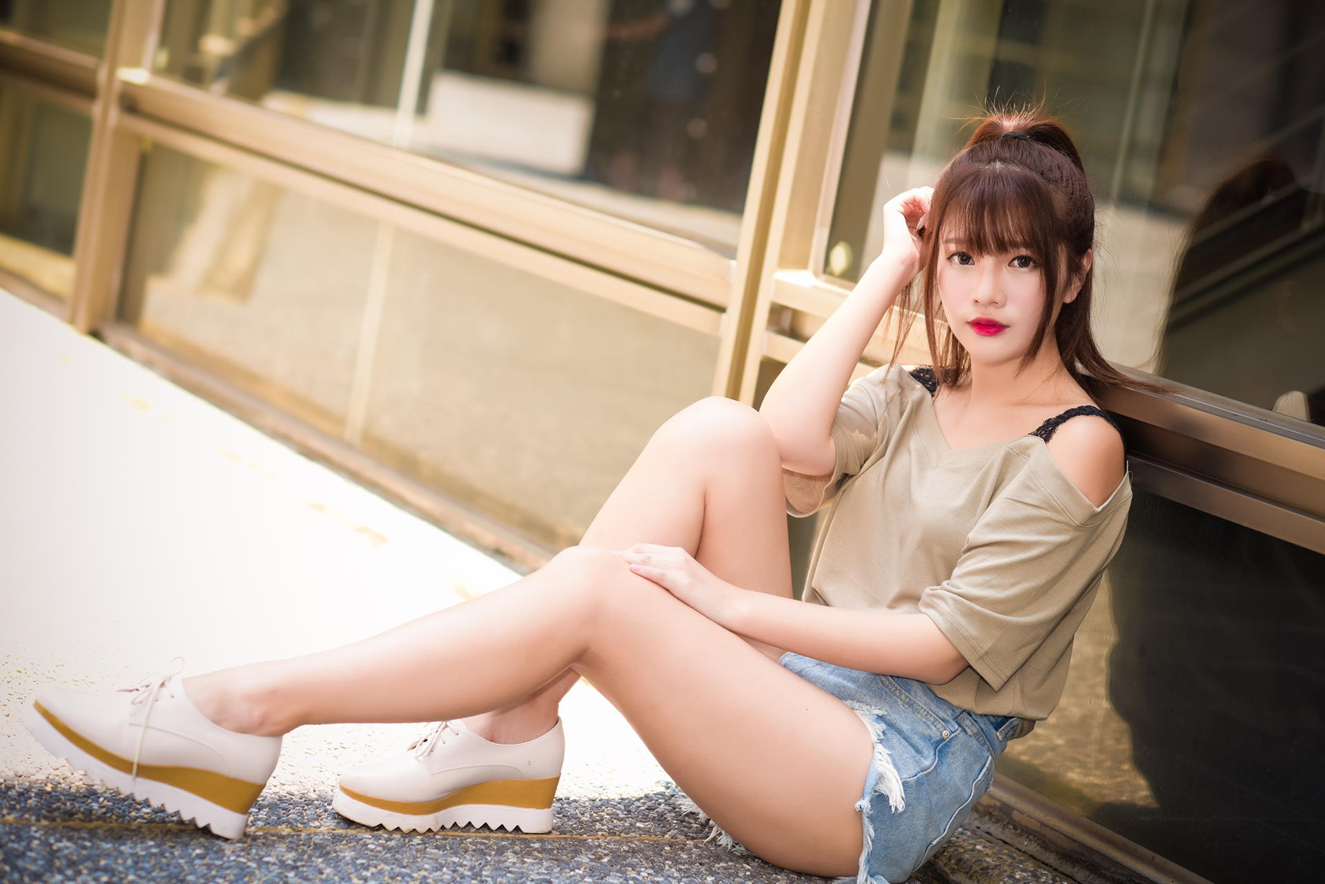 People 1920x1281 Asian model women long hair brunette sitting jeans shorts shirt ponytail shoes leaning window