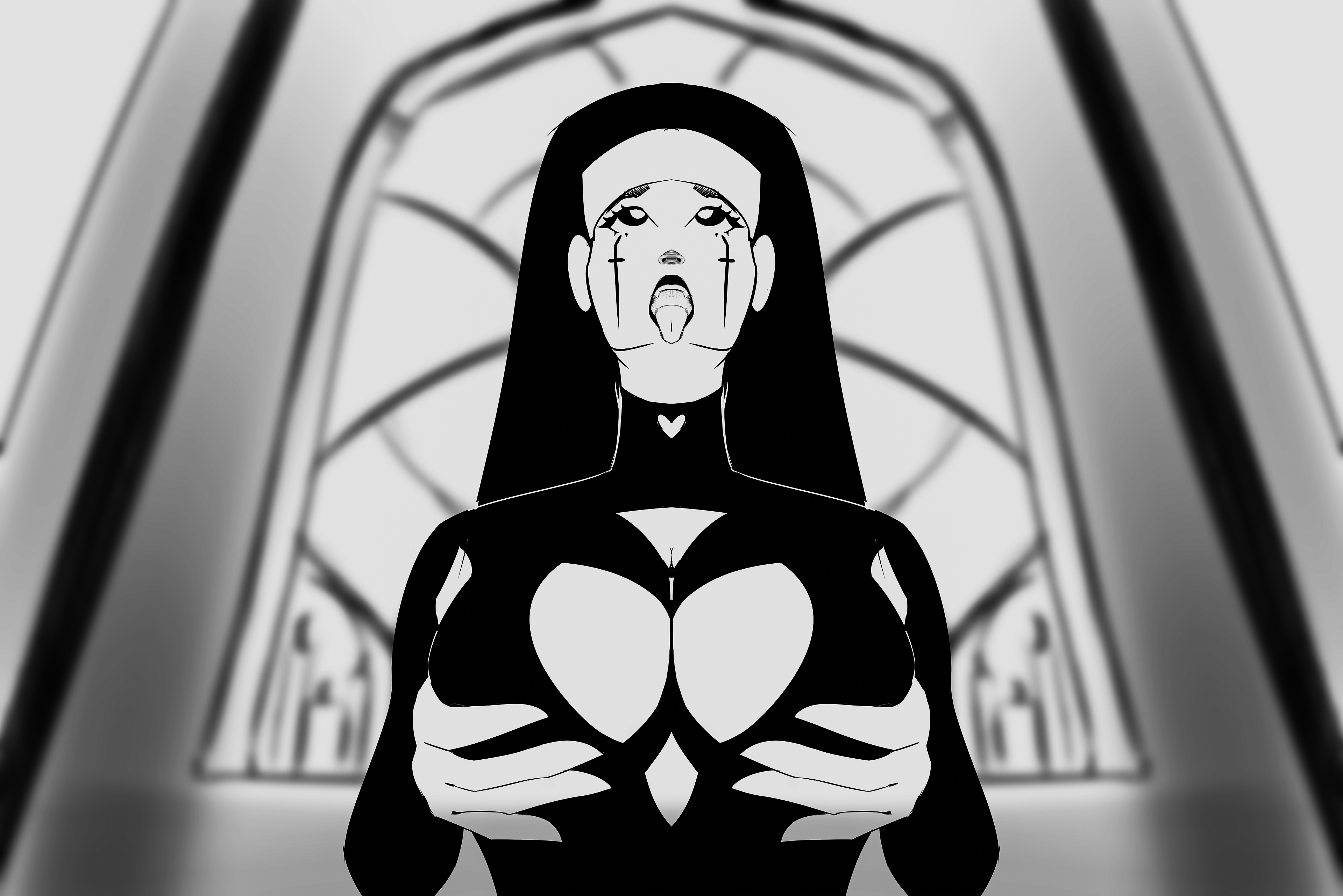 Anime 3840x2564 nuns open mouth big boobs holding boobs looking up church Marci Lustra tattoo ahegao rope bridge